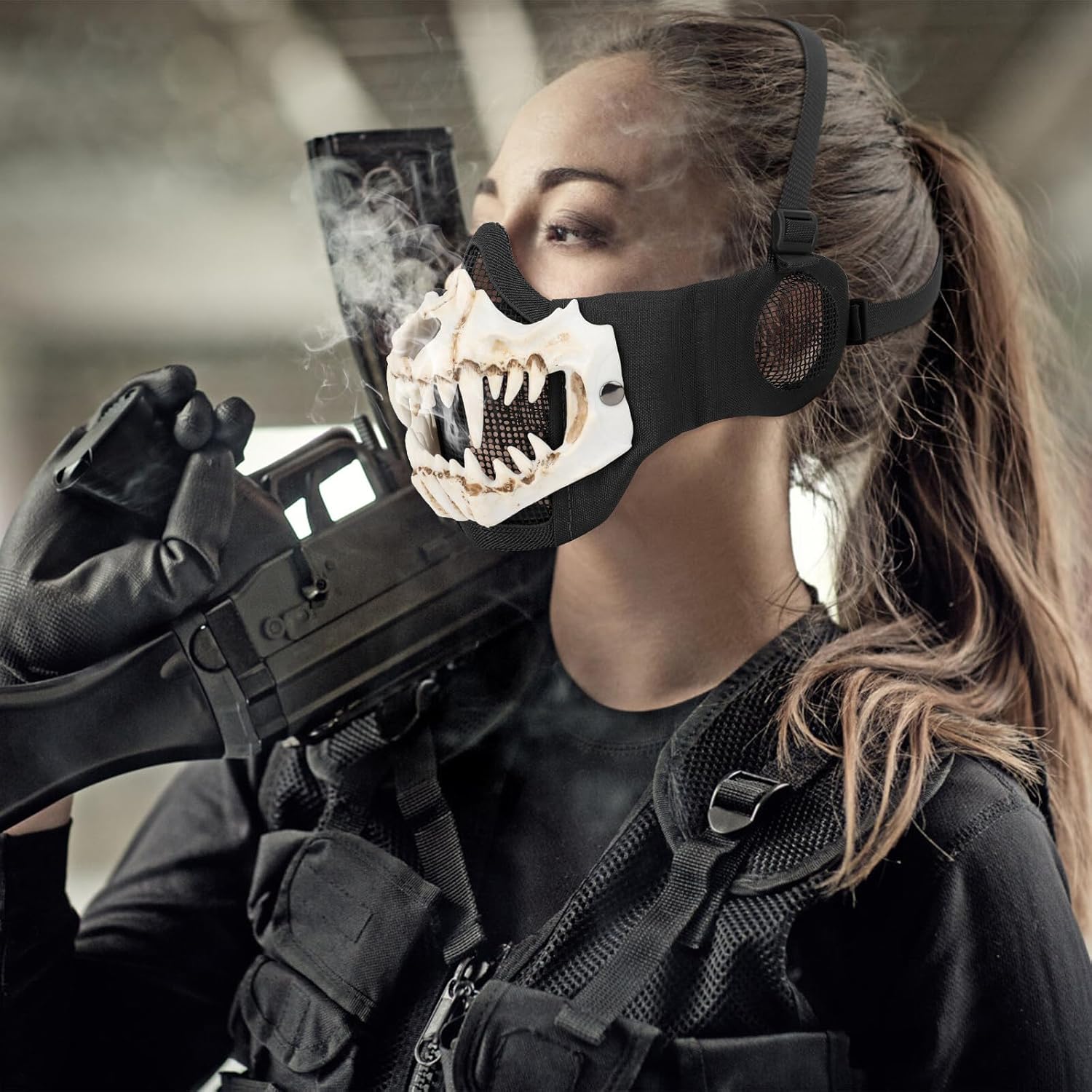 Airsoft – Máscaras tácticas de calavera de media cara con protección facial para las orejas, máscara de malla para Halloween, paintball, CS caza