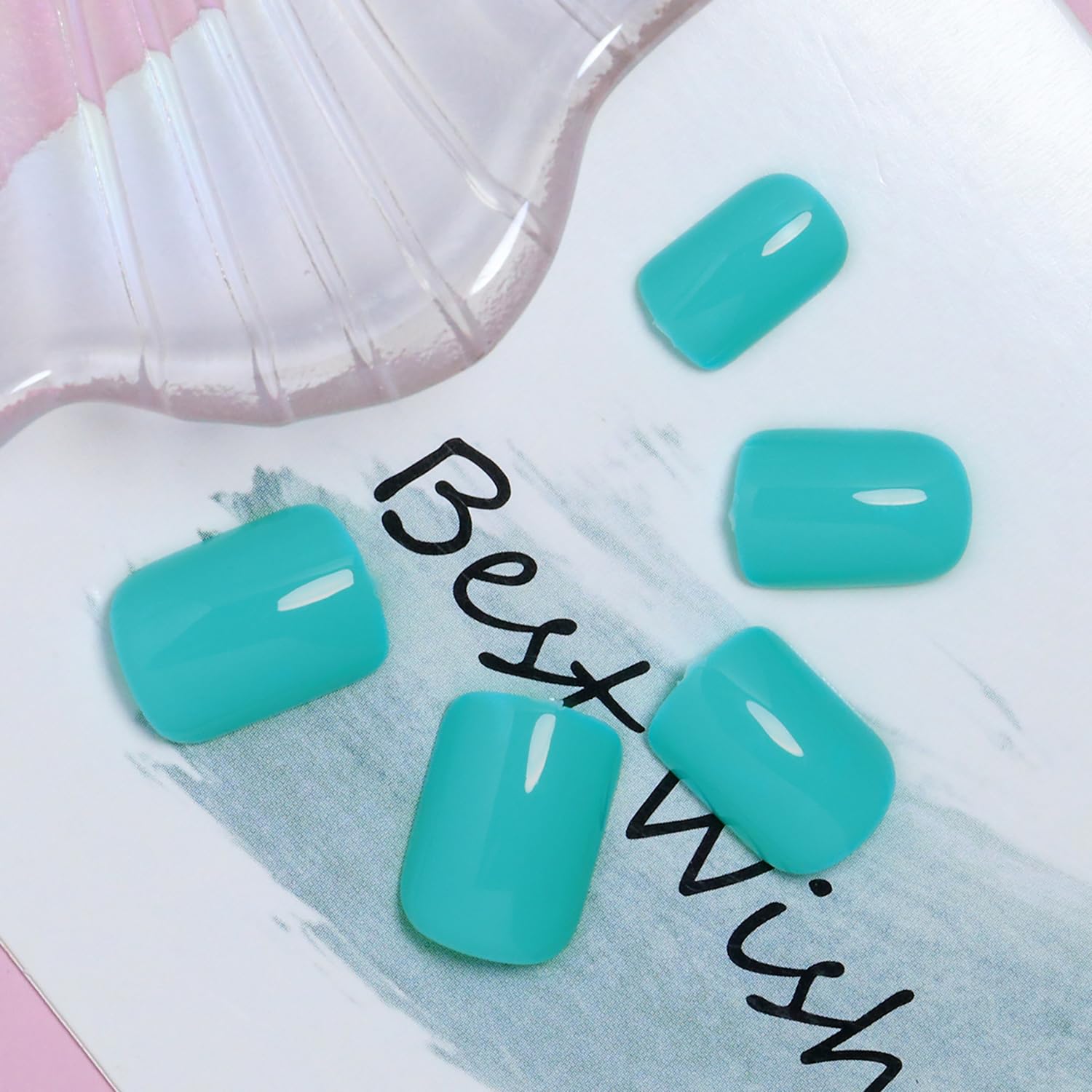 Uñas postizas cortas de forma cuadrada, uñas acrílicas azules, uñas acrílicas de color puro, cobertura completa, lindas uñas postizas artificiales