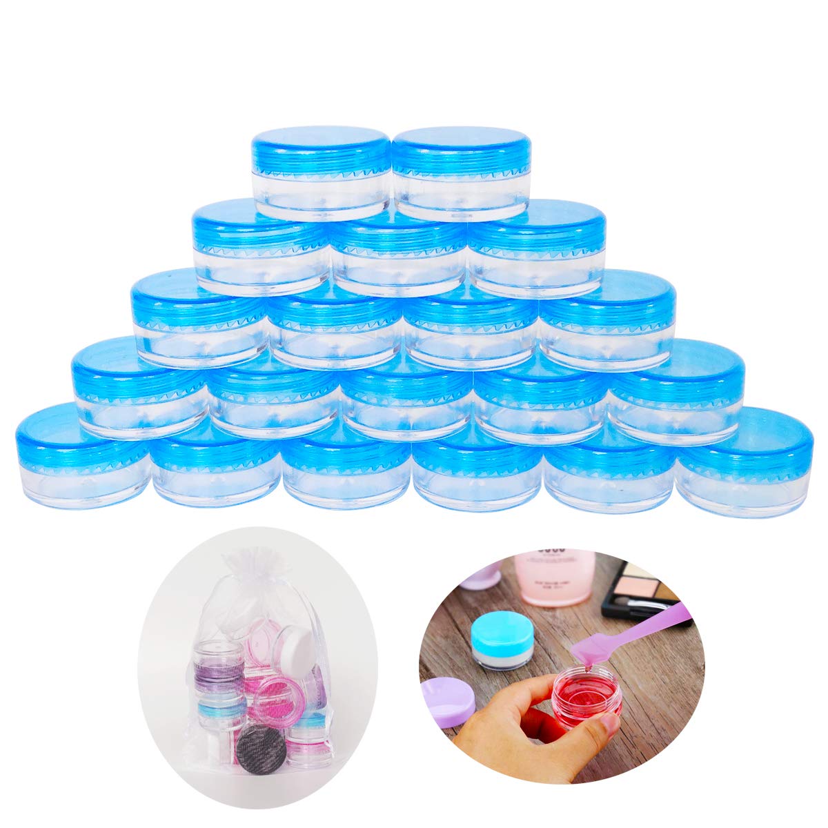 Wopanxye – 20 frascos pequeños de 0.2 fl oz sin BPA, muestra cosmética de 0.18 oz, recipiente vacío de plástico con tapa de rosca azul, para