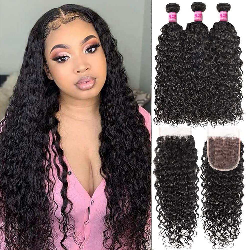 Paquetes de cabello ondulado con cierre, 100% cabello virgen brasileño sin procesar, 3 paquetes con cierre de encaje 4×4 con parte libre de pelo de