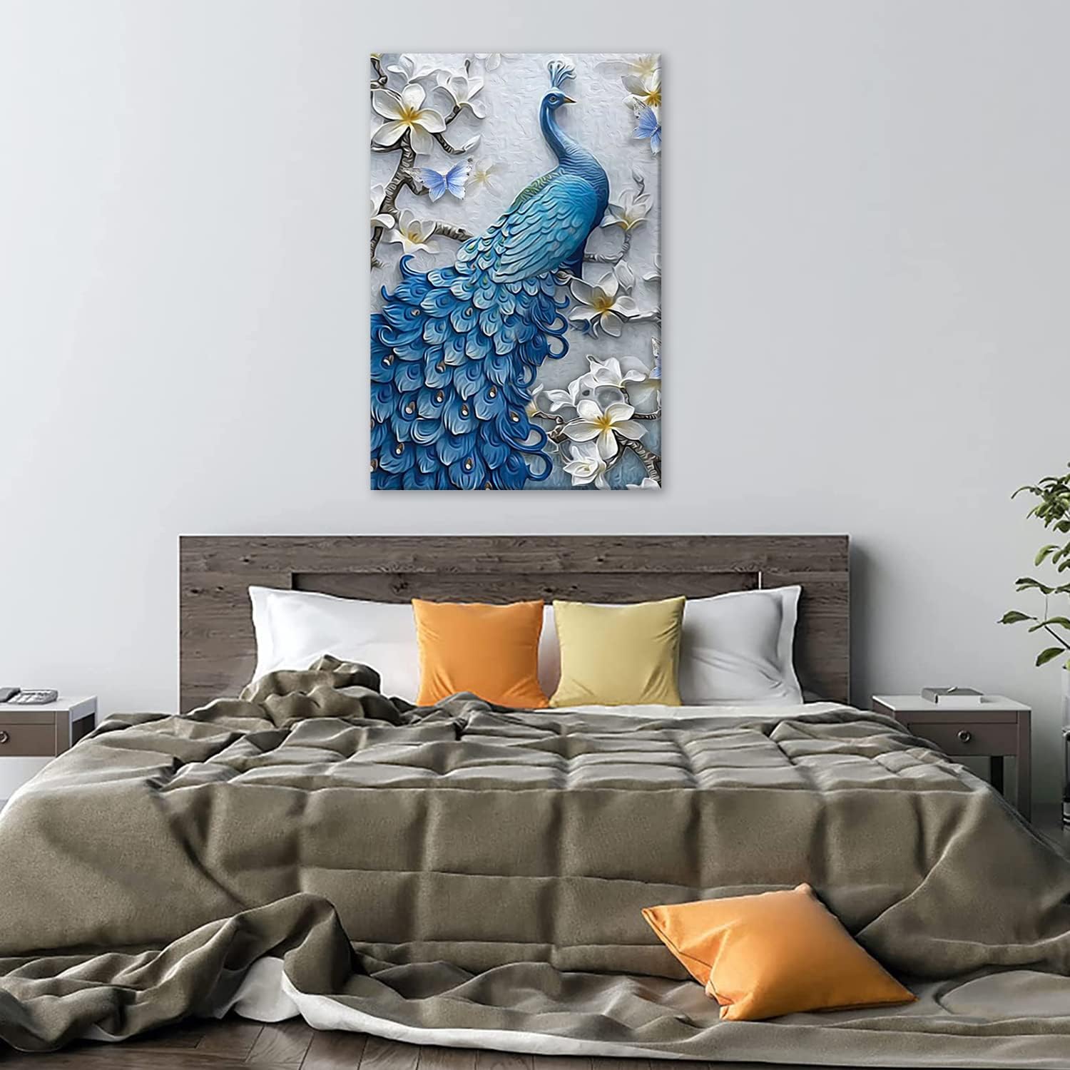 Pintura abstracta de pared al óleo sobre lienzo, lienzo abstracto con diseño de pavo real azul, arte de pared para sala de estar, acuarela, pájaro,