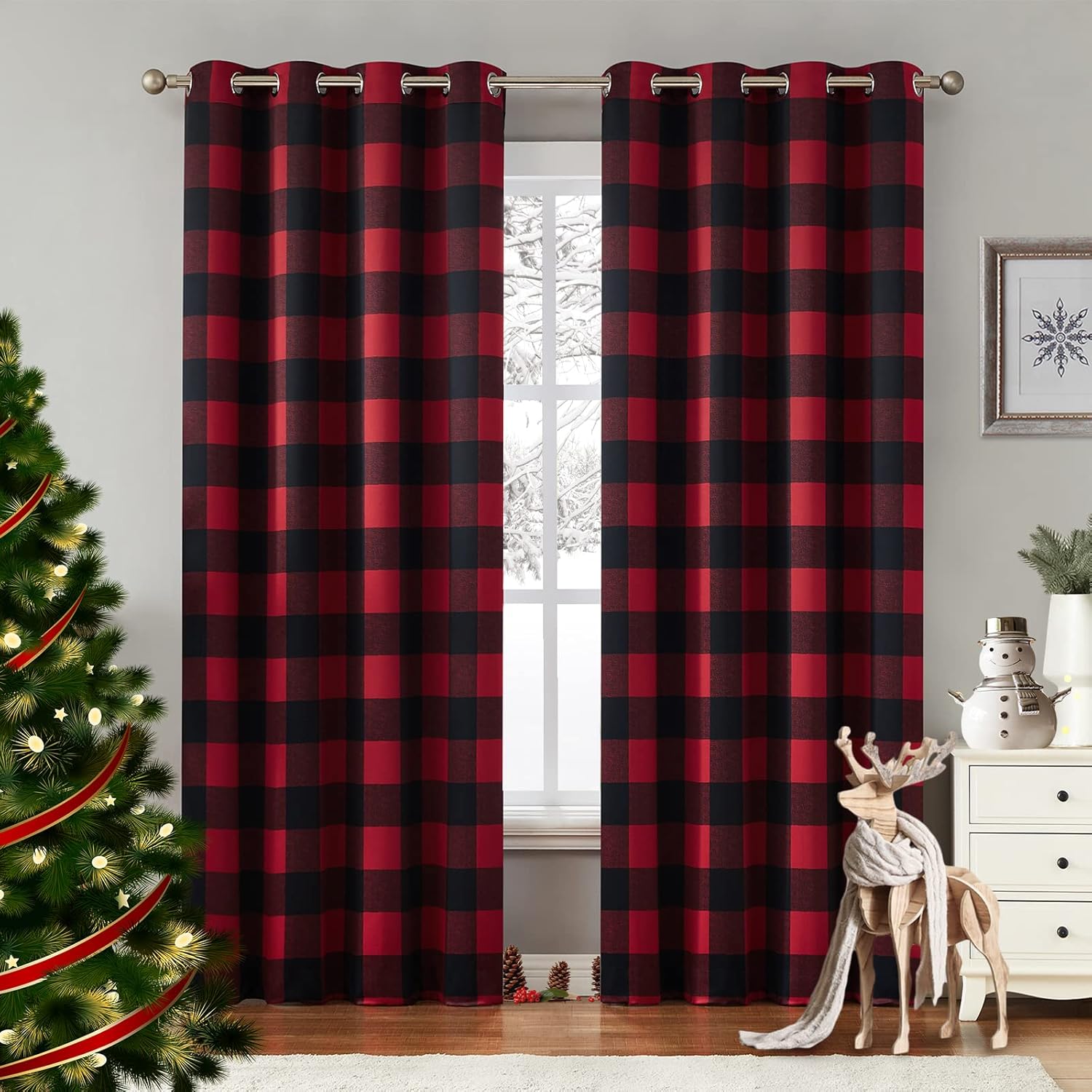 Melodieux Cortinas opacas a cuadros de búfalo de 63 pulgadas de largo para dormitorio, sala de estar, cortinas con ojales para oscurecer la