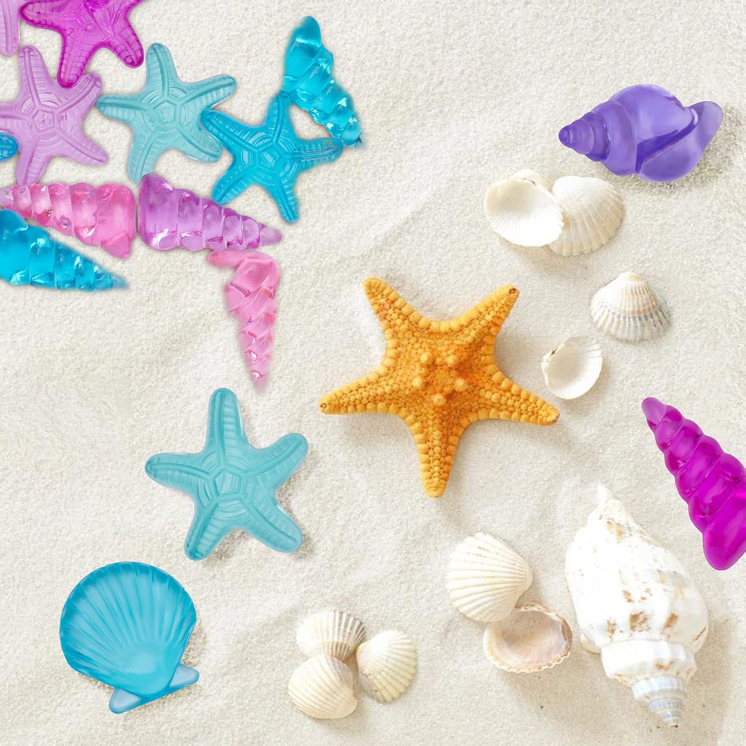 Coloridos juguetes de plástico con gemas de concha de mar, caracola, estrella de mar, para vacaciones en la playa, buceo en la piscina, búsqueda del