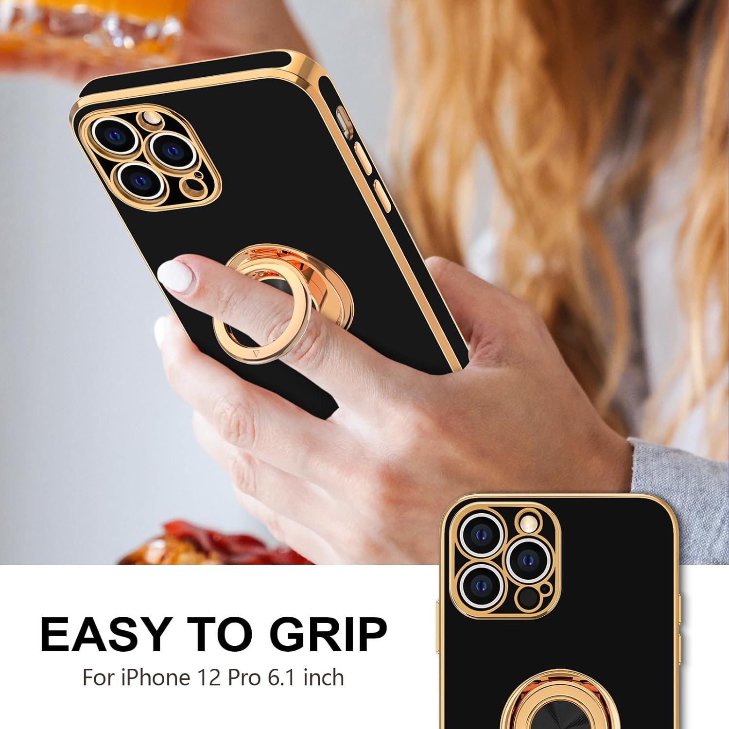 Hython Funda para iPhone 12 Pro con soporte de anillo soporte de anillo giratorio de 360 con soporte magnético chapado de lujo en oro rosa suave TPU