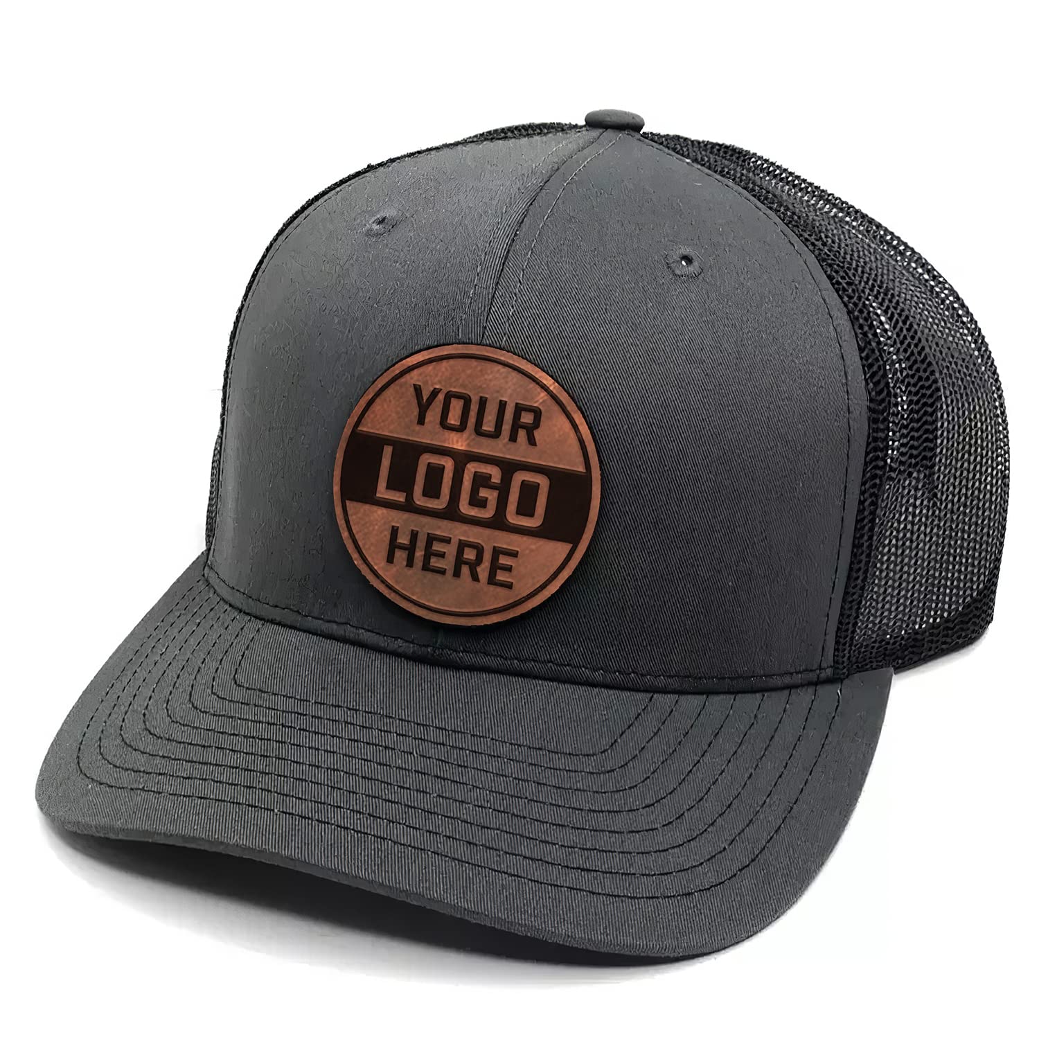 Personalized Custom 112 Style Trucker Leather Patch Hat for Men & Women, 6 Panel Structured Baseball Cap with Snapback Enclosure, Premium Snapback