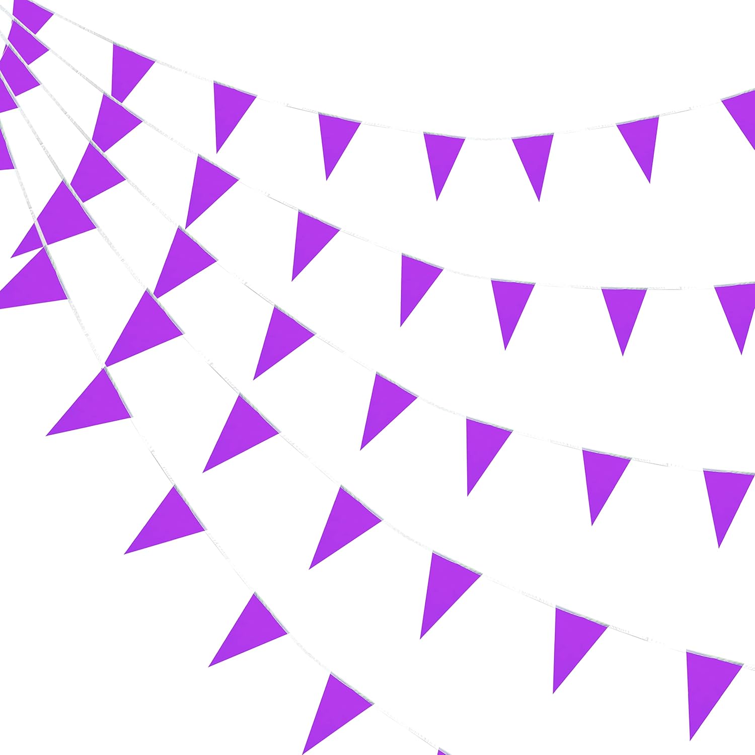 Banderines morados, banderines colgantes triangulares para gran apertura, cumpleaños de niños, decoraciones de fiesta, 100 pies