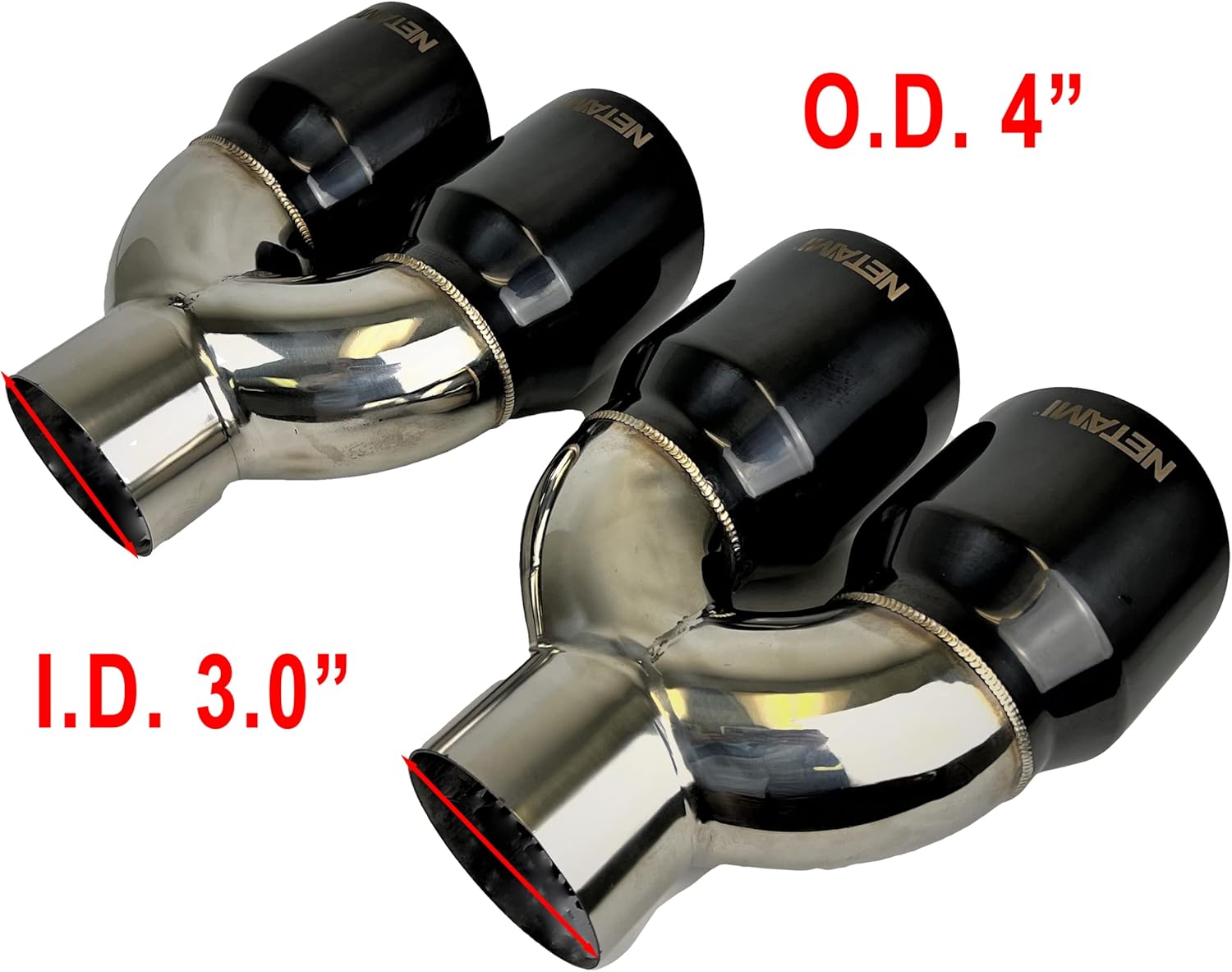 NETAMI 3 “entrada a 4” Quad Staggered Outlet Puntas de escape de acero inoxidable doble pared negro cromado acabado un par