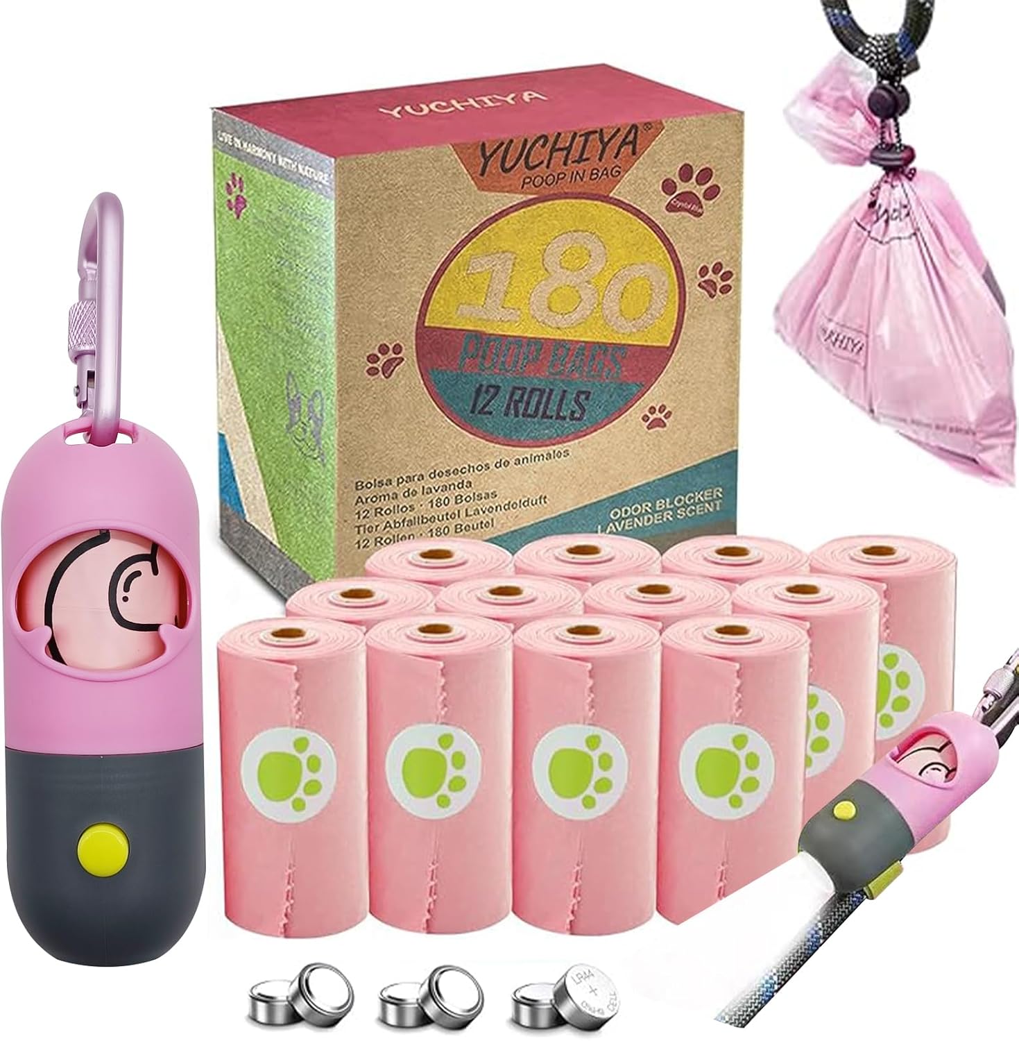 Soporte para bolsas de excremento de perro con linterna LED, dispensador de bolsas de basura para mascotas para correa, contenedor de bolsas para