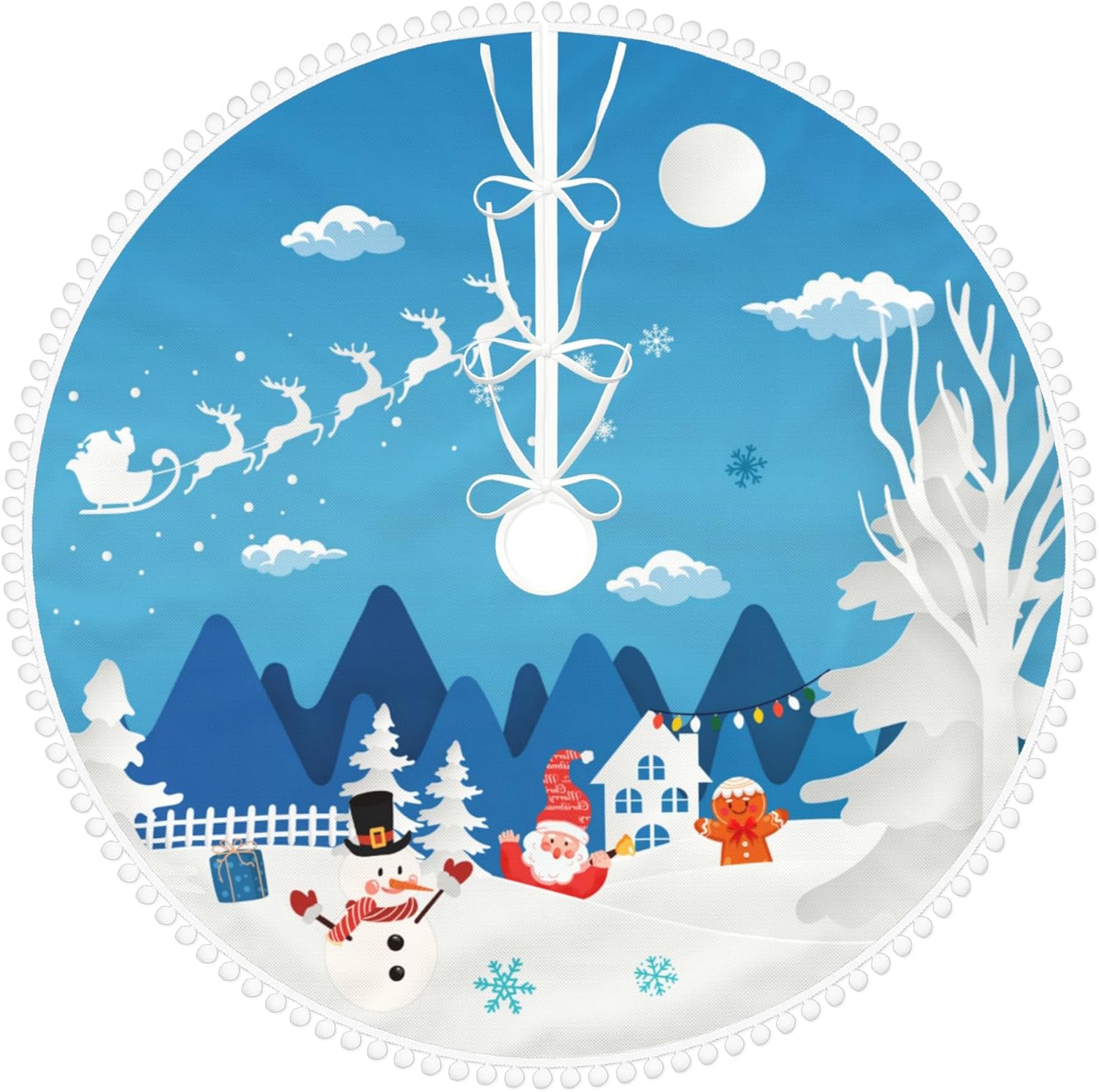 Falda de árbol de Navidad azul de 36 pulgadas con ribete de pompones, tapete de árbol de Navidad blanco con bonito Papá Noel, reno, gnomo, granja,