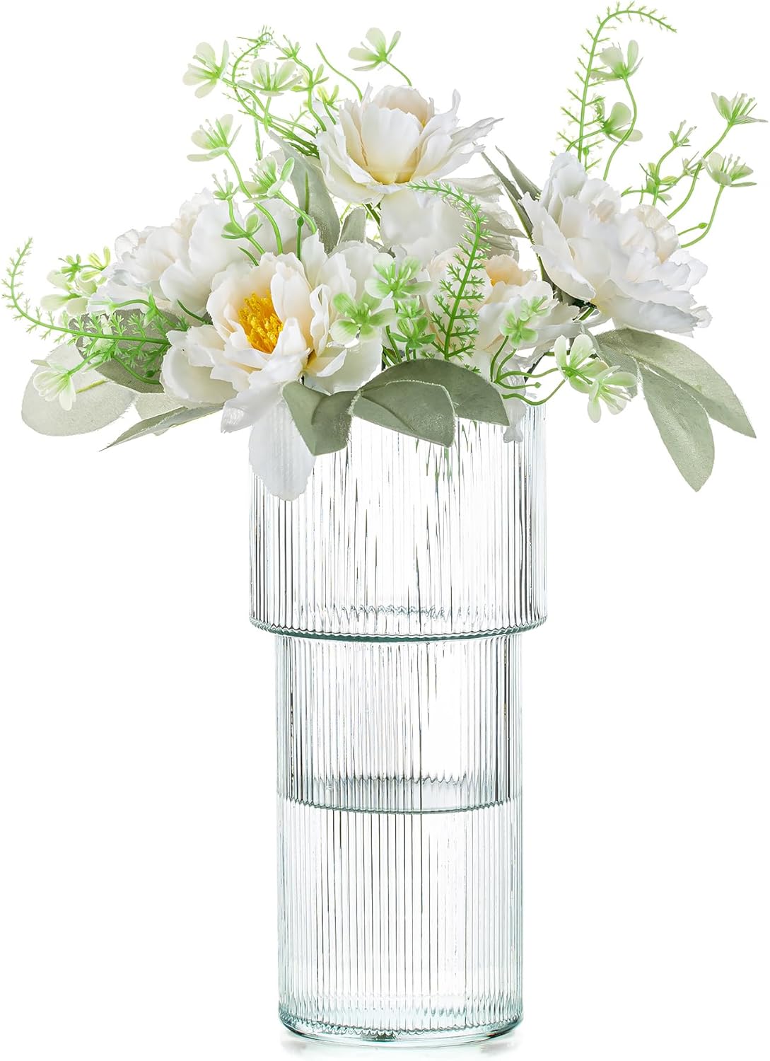 Glasseam Florero acanalado para flores, florero de flores de 9.3 pulgadas de alto, moderno, jarrones de vidrio grandes estriados para decoración,