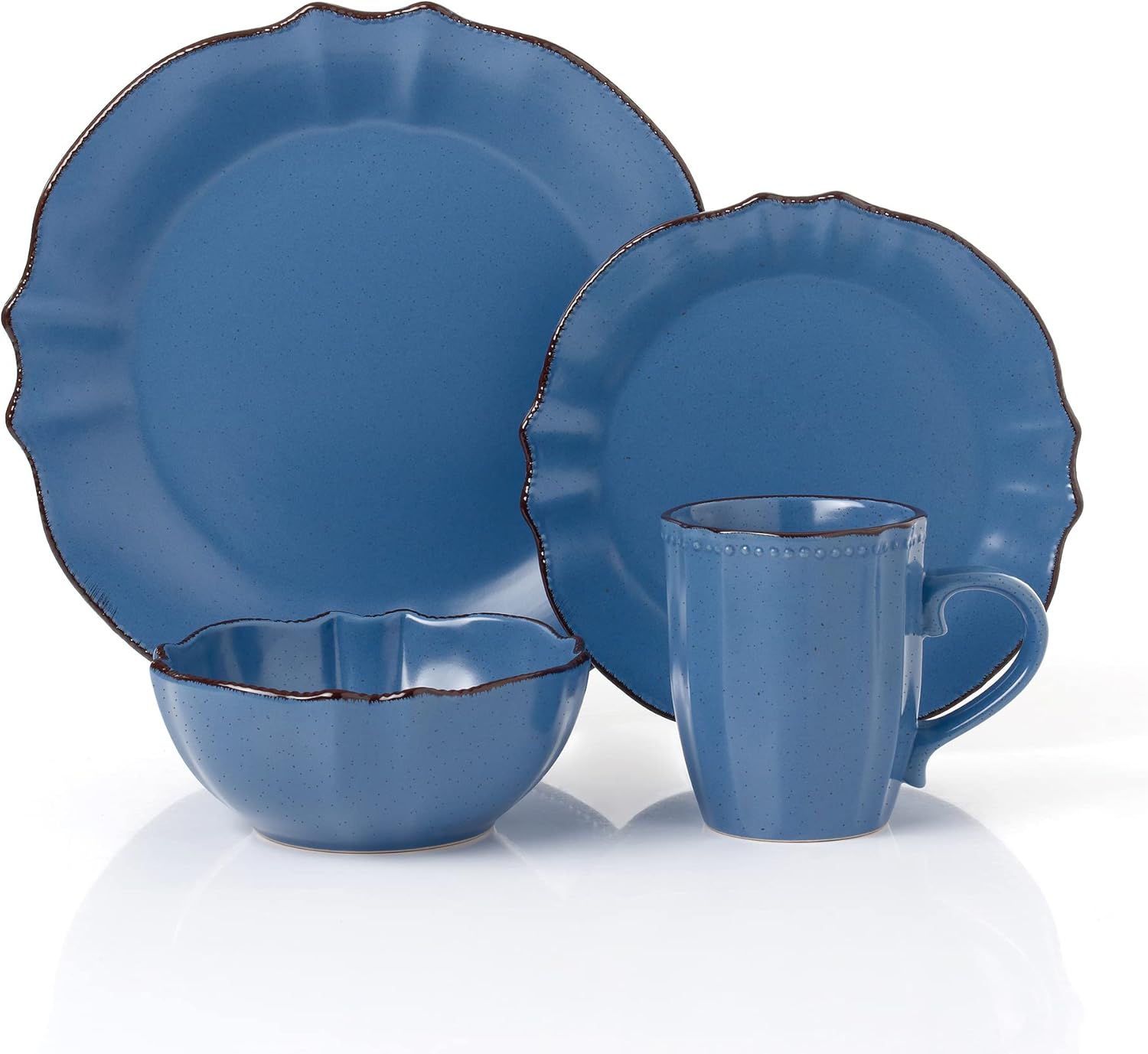 Lorren Home Trends Vajilla azul Yale de 16 piezas con borde festoneado