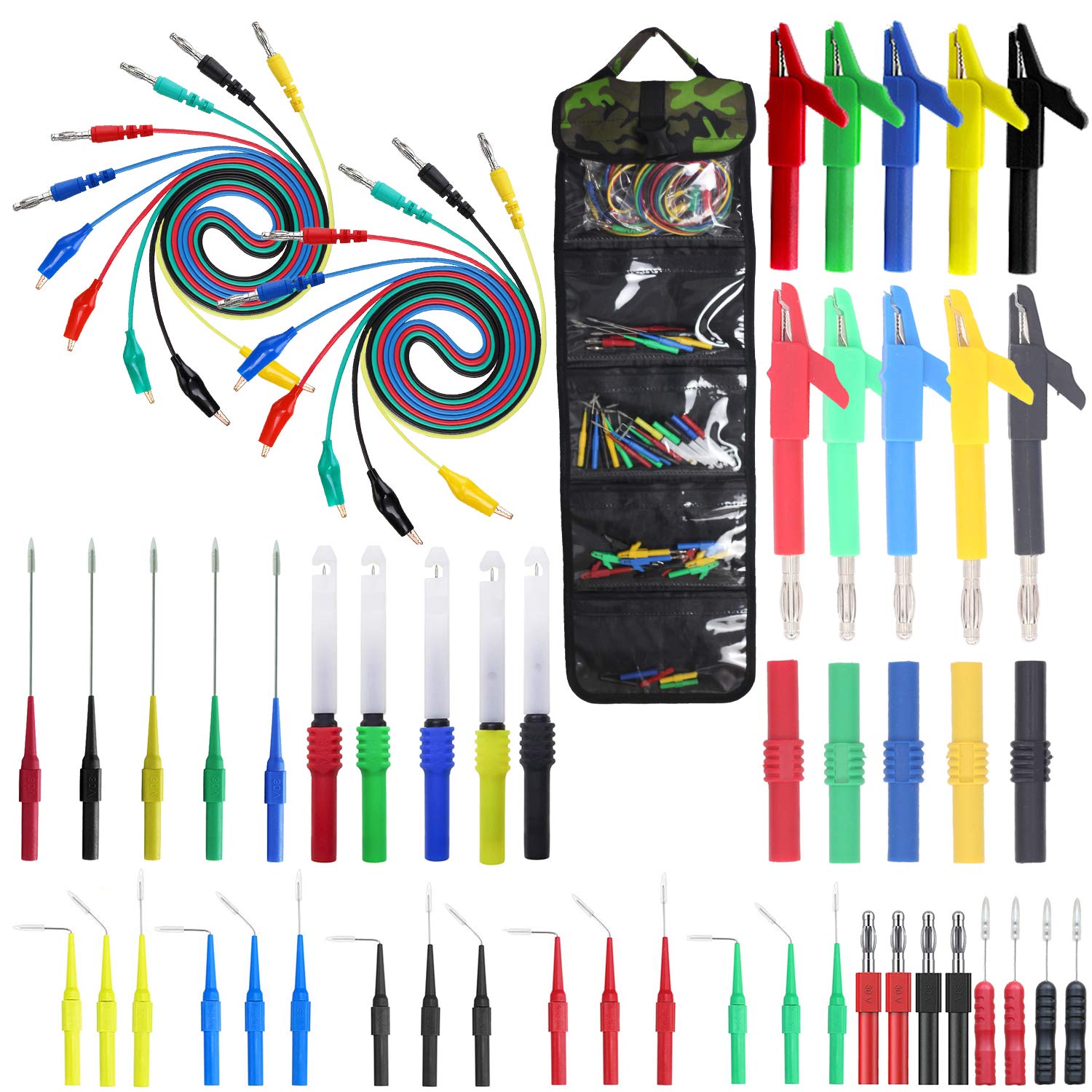 Testeronics Kit de sonda trasera 58 en 1  25 sondas traseras de 30 V  10 cables de prueba de circuito de enchufe banana de 0.157 in a clip de