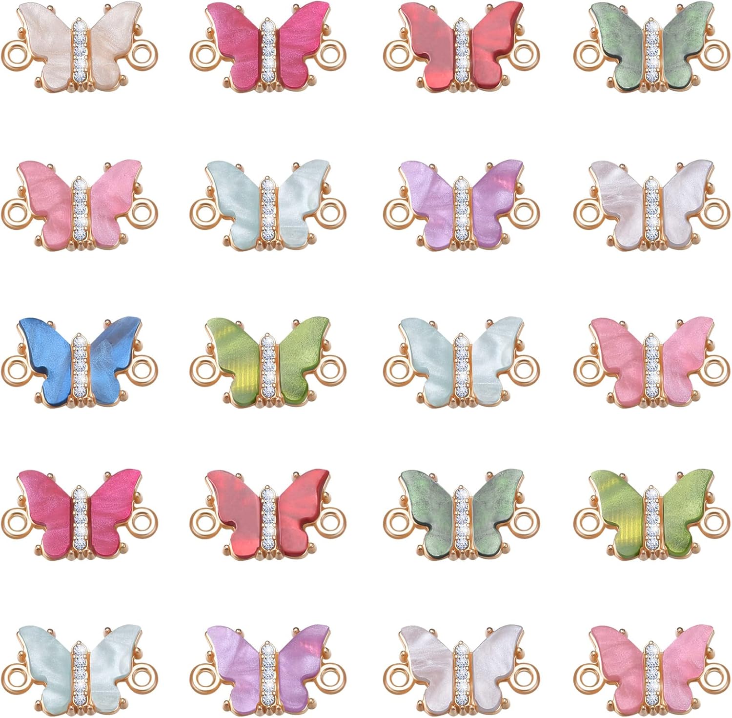 20 piezas de 10 colores acrílicos de eslabones de mariposa con incrustaciones de aleación de diamantes de imitación de cristal, dijes de mariposa