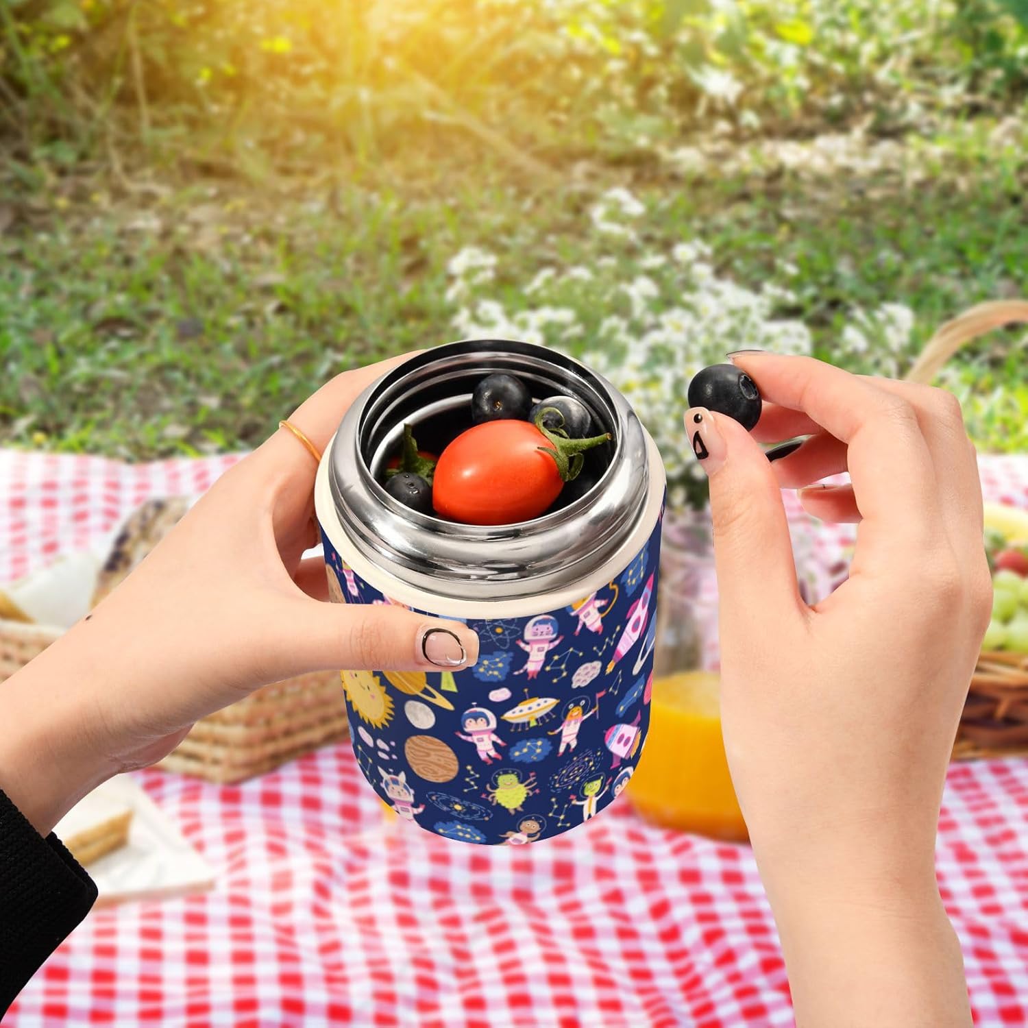 Cute Space Little Kids Womens Insulated Food Jar with Spoon 17oz500ml Keep Warm Food Containers Stainless Steel Vacuum Portable Food Storage for