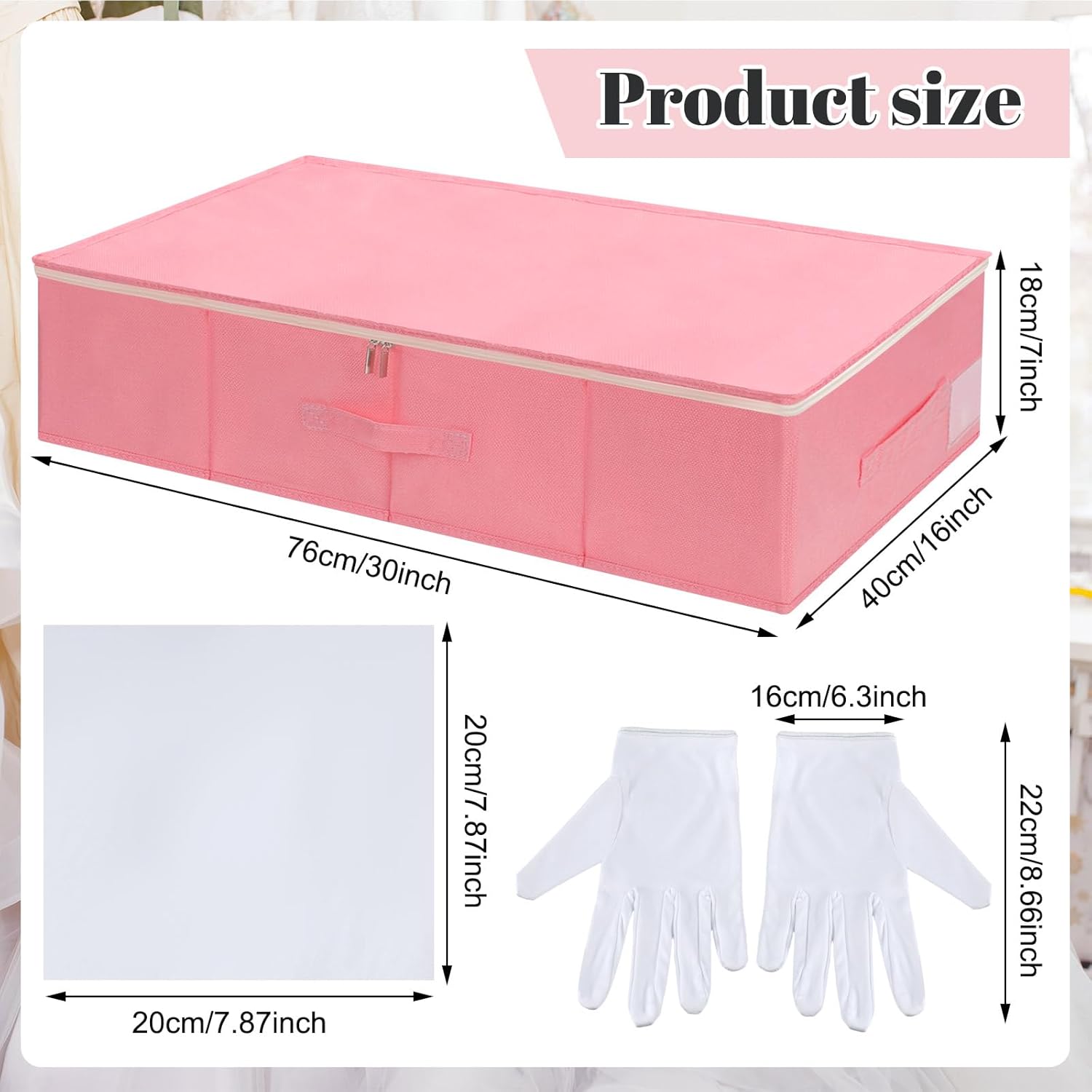 Kit de caja de conservación para vestidos de novia con 1 par de guantes de microfibra y 100 hojas de papel de seda sin ácidos para almacenamiento de