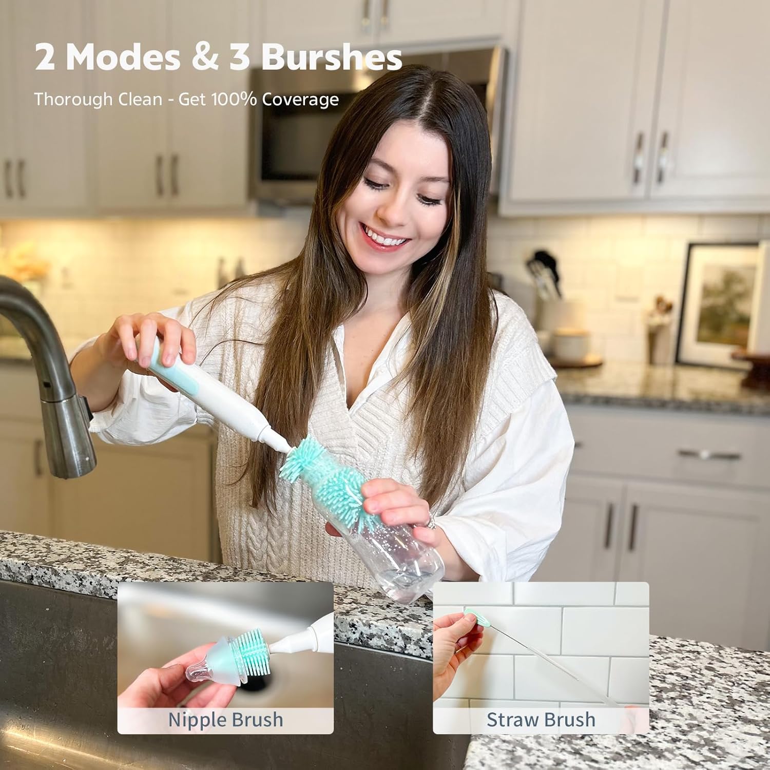 MomMed Cepillo eléctrico para botellas, juego de cepillos eléctricos para biberones con botella de silicona, chupete, cepillo para popote y cabezal