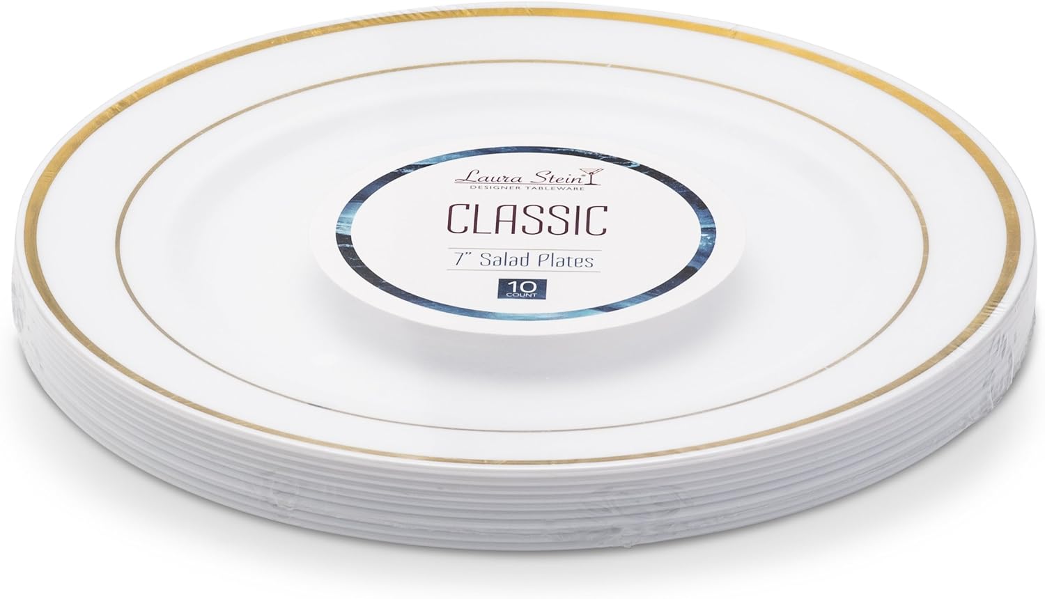 Laura Stein – 40 platos de 7 pulgadas – Vajilla de diseñador para ensalada blanca de plástico pesado de alta calidad, platos de aperitivo con borde
