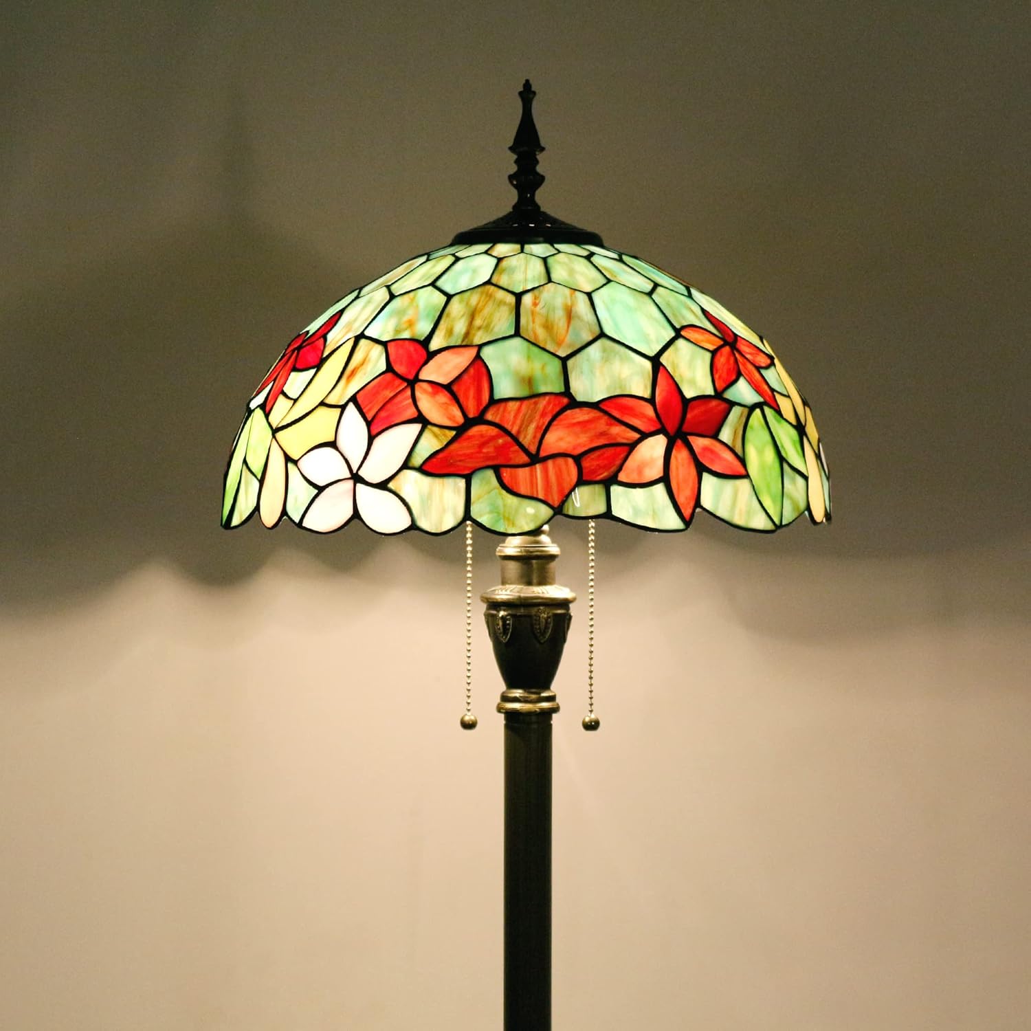 Tiffany – Lámpara de pie con vitrales, 16 x 16 x 70 pulgadas, luz de lectura antigua (flores rojas y verdes)