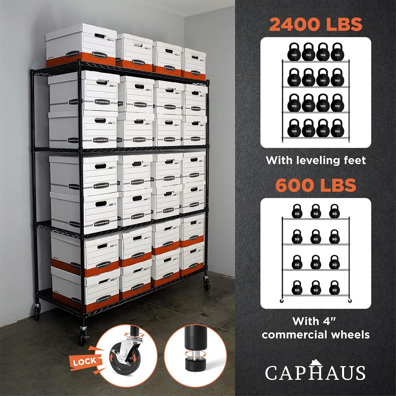 CAPHAUS Estantería de alambre de altura ajustable de 4 niveles de grado comercial con ruedas y pies de nivelación, estante de acero metálico de