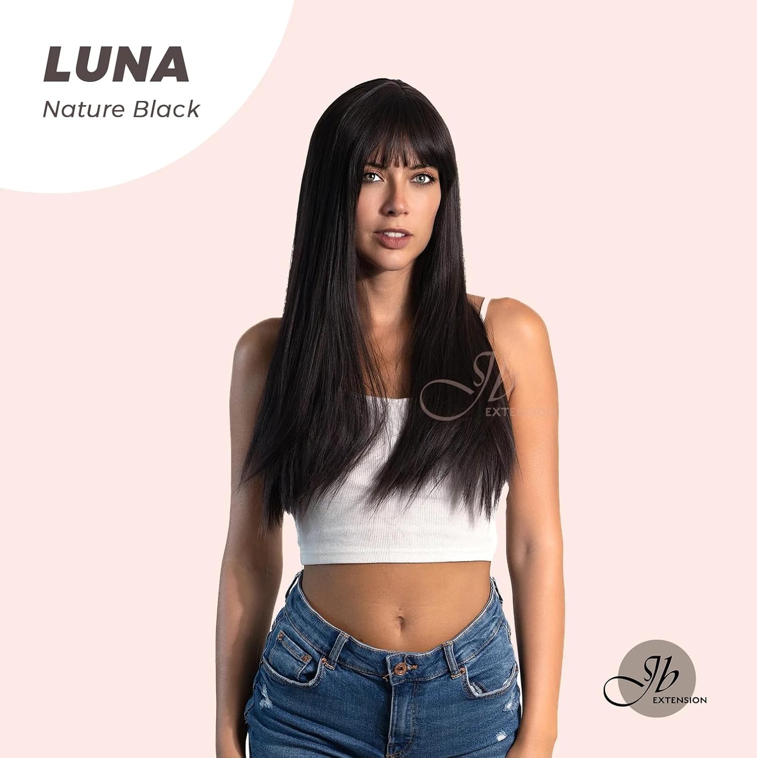 LUNA – Peluca larga y lacia de color negro natural con flequillo completo, para usar y llevar, sin pegamento, pelucas sintéticas naturales para uso