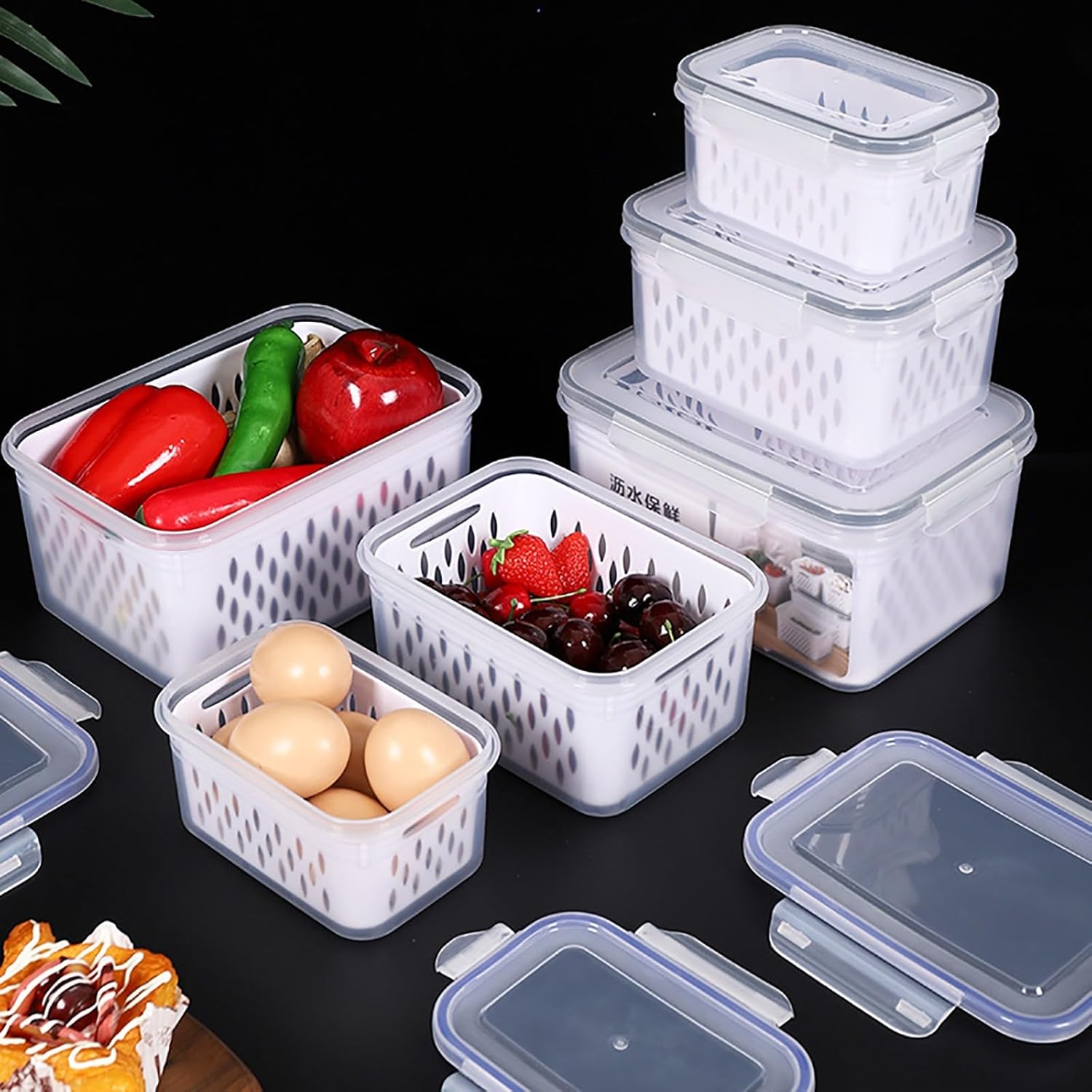 Contenedores de almacenamiento de frutas para refrigerador con tapas y asas, paquete de 3 recipientes herméticos sin BPA a prueba de fugas,