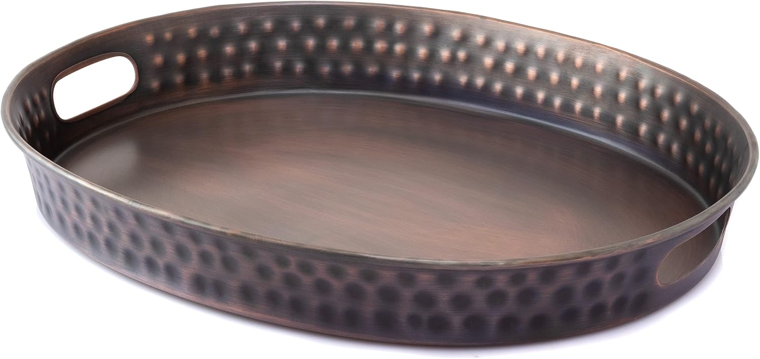 Monarch Abode 40604 – Bandeja decorativa de metal martillado a mano, bandeja otomana ovalada para cocina, baño, encimera, organizador, 17 pulgadas,
