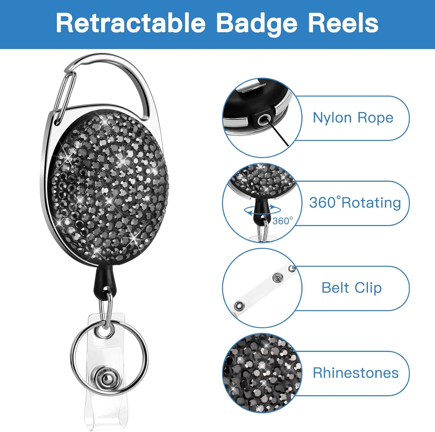 SAVORI Paquete de 2 soportes retráctiles con clip para cinturón, soporte para tarjetas de identificación, llavero con diamantes de imitación,