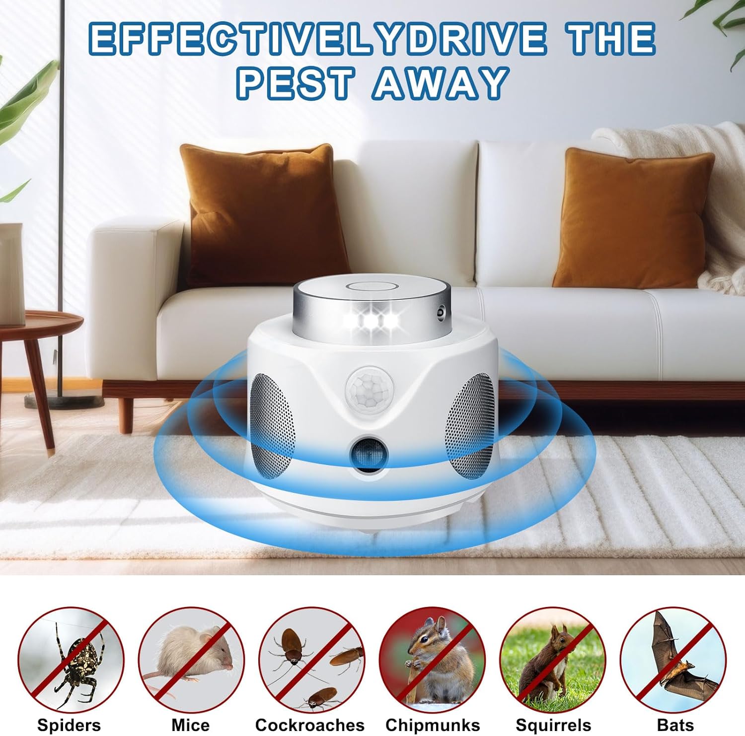Repelente de roedores 4 en 1 ultrasónico de 360 con 9 luces estroboscópicas y dispositivos de disuasión PIR de ratón, ardilla, murciélago, araña,