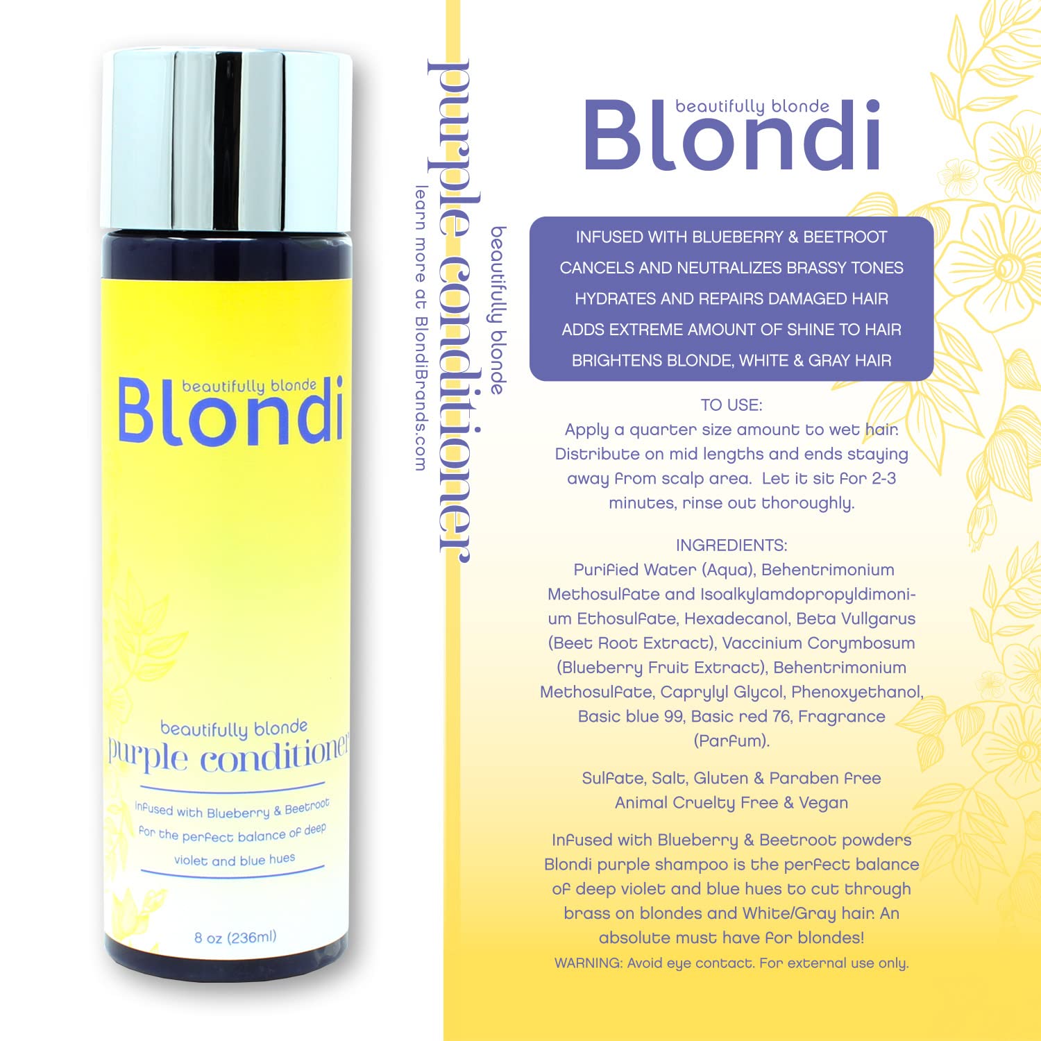 Blondi Acondicionador bellamente rubio morado, vegano, sin parabenos, sin sulfatos, sin sal, sin crueldad animal, acondicionador tonificante para