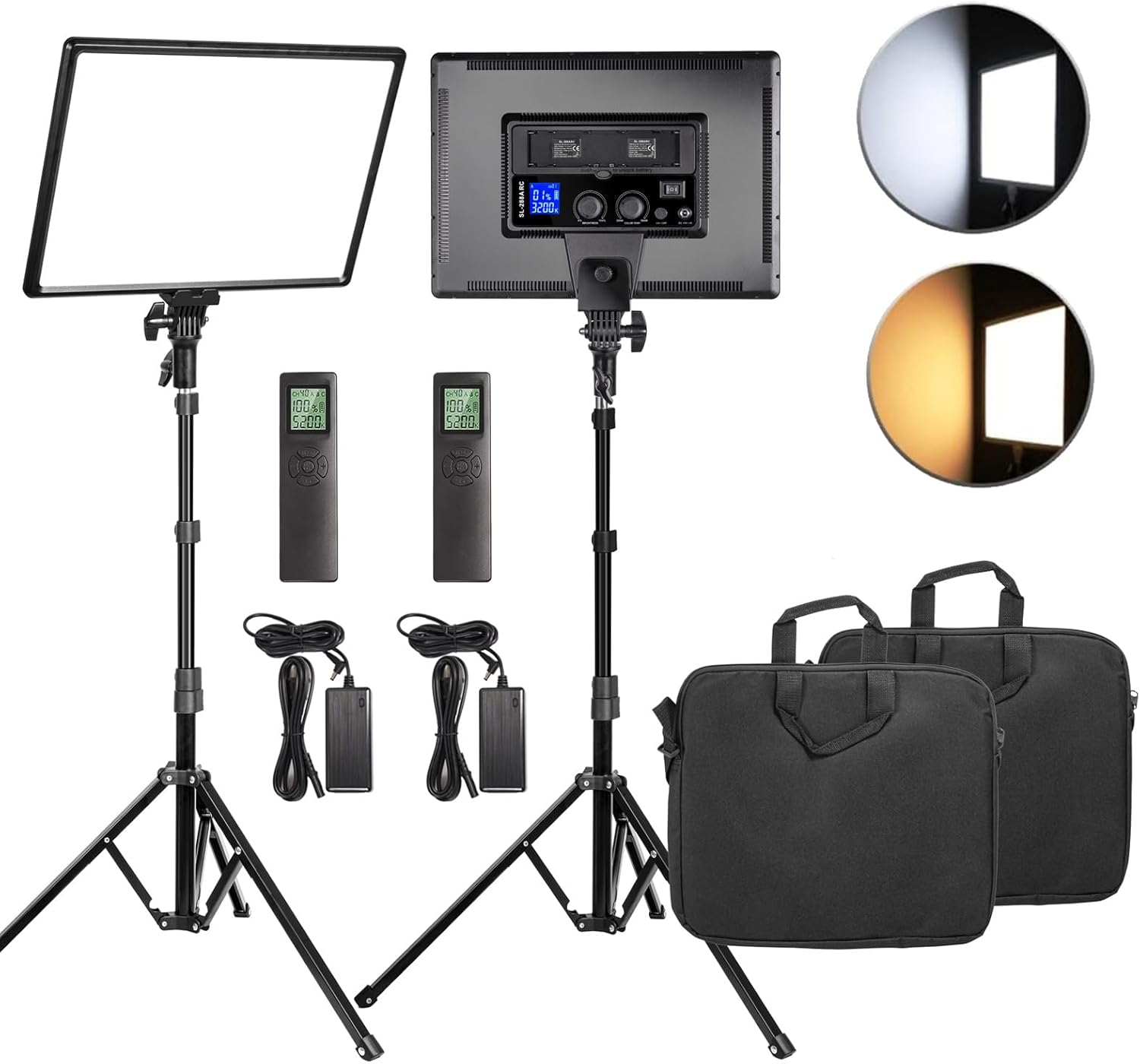 Paquete de 2 paneles de luz LED de video de 18 pulgadas, kit de iluminación de 45 W con control remoto + soporte de luz, regulable bicolor 3200K a