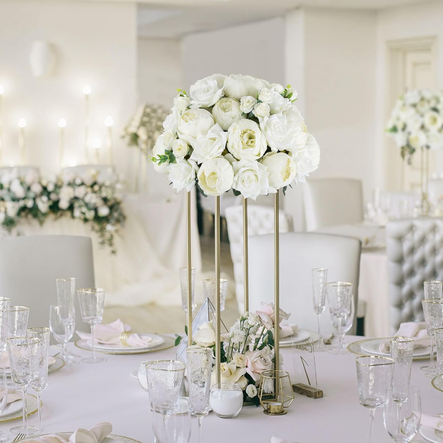 BLOSMON Bolas de flores artificiales, centros de mesa de boda, 10 piezas de 13.3 pulgadas, peonías falsas blancas, decoración para mesa, bola de