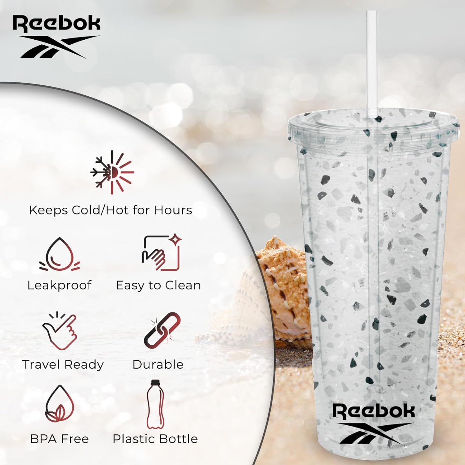 Reebok Lifestyle – Vasos de plástico reutilizables con textura de terrazo prémium con tapa y pajilla, para café de viaje, a prueba de fugas, sin BPA