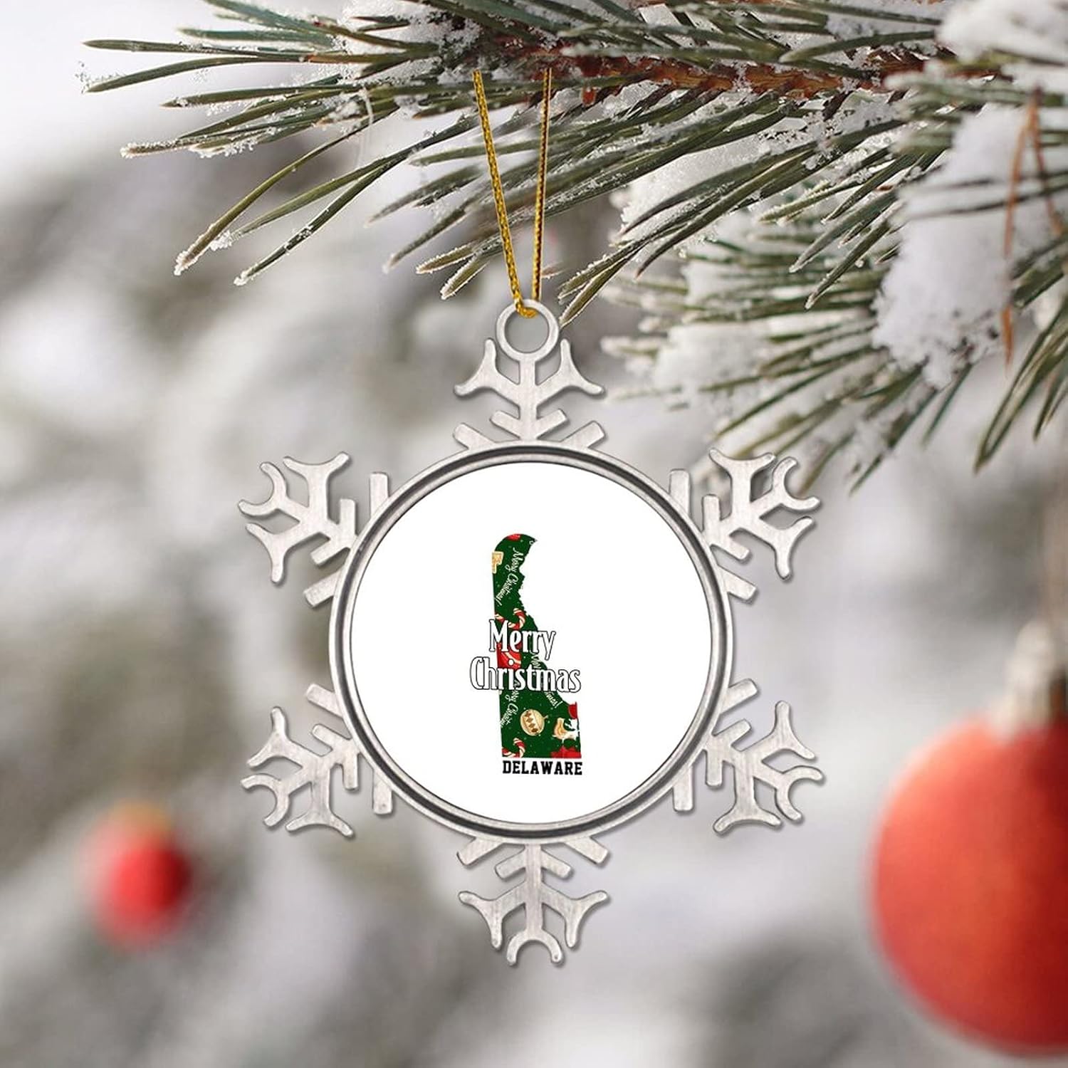 Adorno de Navidad de metal con mapa de Estados Unidos de Delaware State DE para colgante de árbol de Navidad, recuerdo colgante, recuerdo de