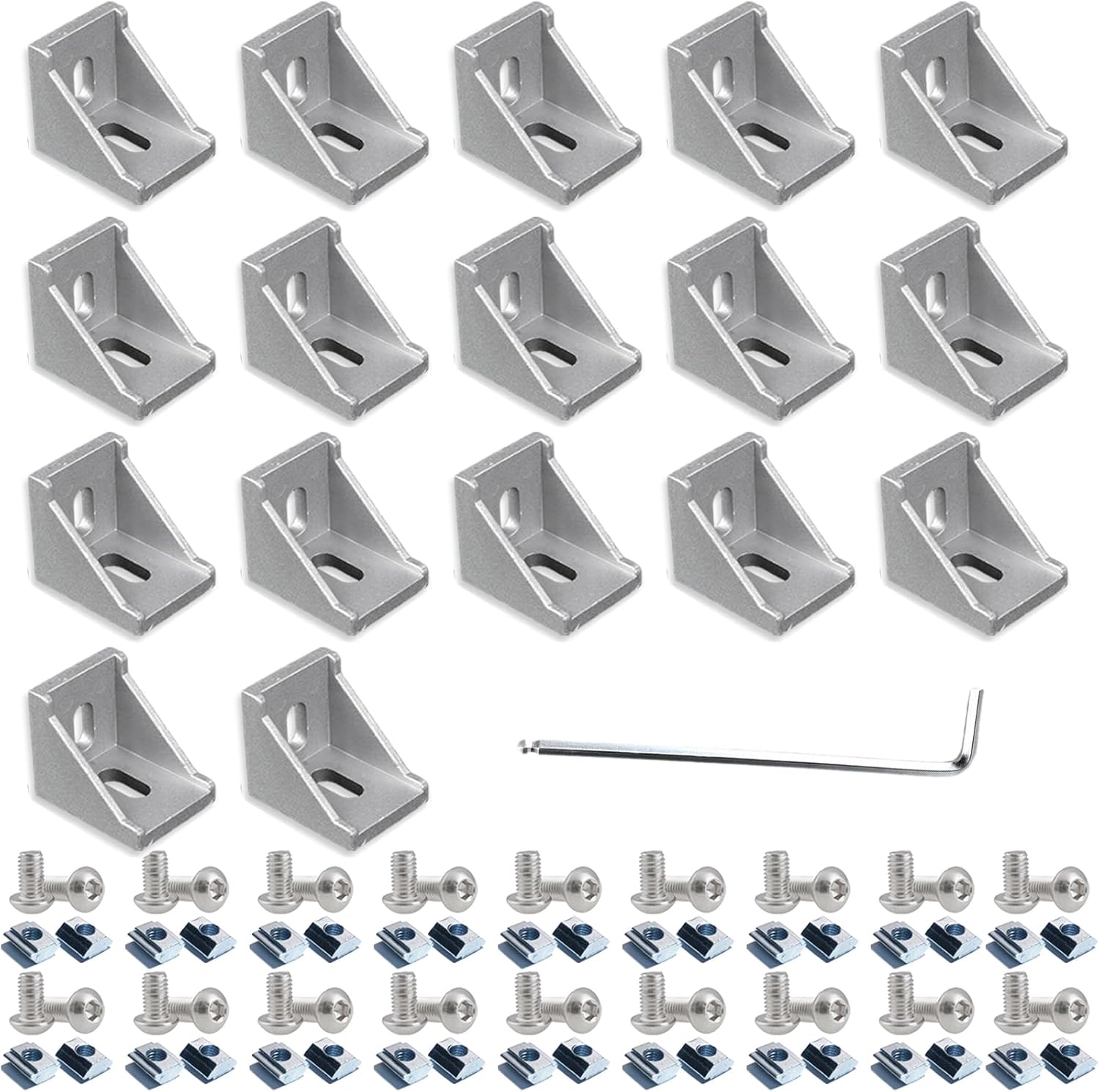Serie 2020 17 juegos Silve 20S T Ranura de aluminio Juego de conectores de perfil de extrusión de aluminio, 17 piezas de soportes de esquina, con 34