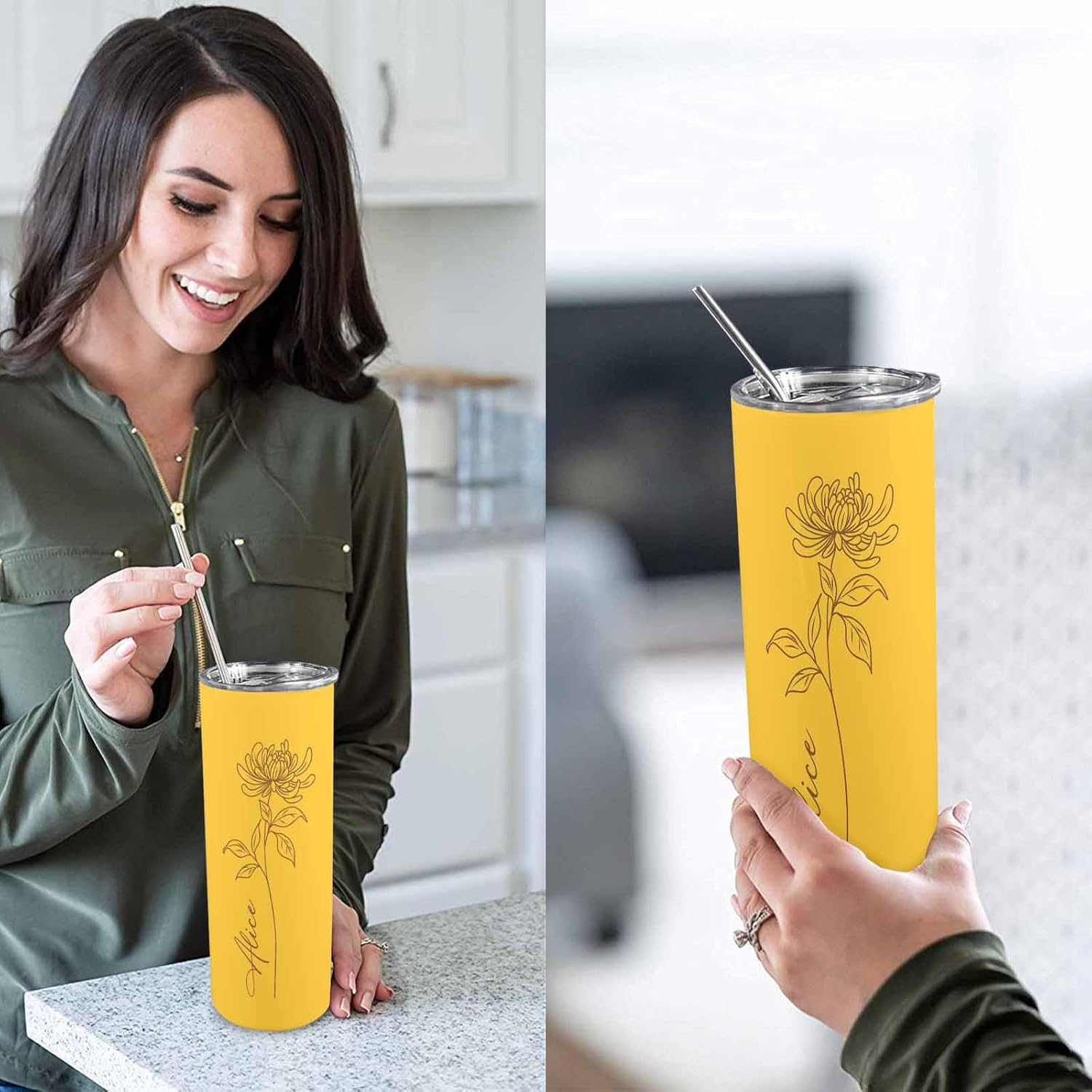 Vaso delgado personalizado con nombre de flor de nacimiento, regalos personalizados para mujeres, novia, mamá, vaso de viaje de acero inoxidable de