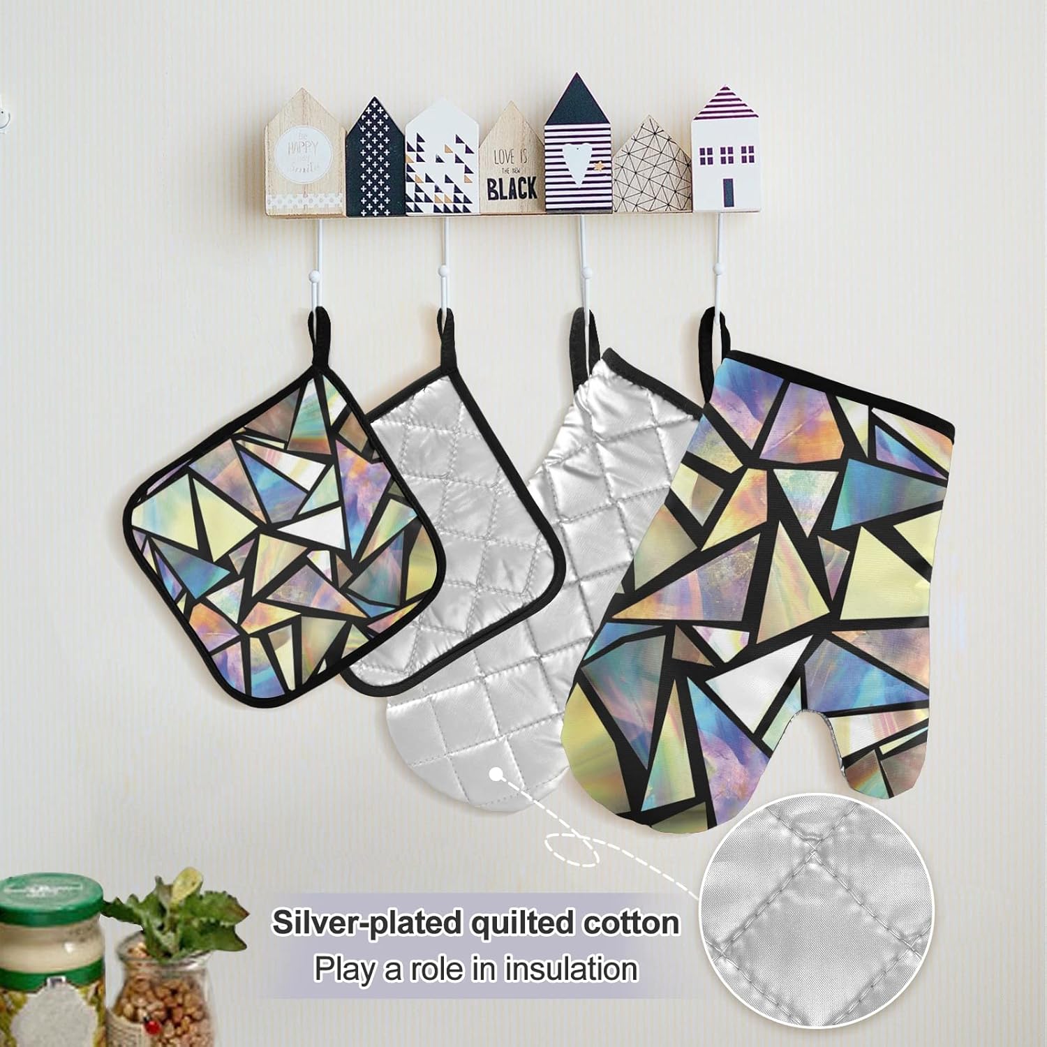 xigua Juego de ropa de cocina con triángulos iridiscentes, delantal de cocina abstracto, 2 agarraderas, 2 guantes de horno, accesorios de cocina