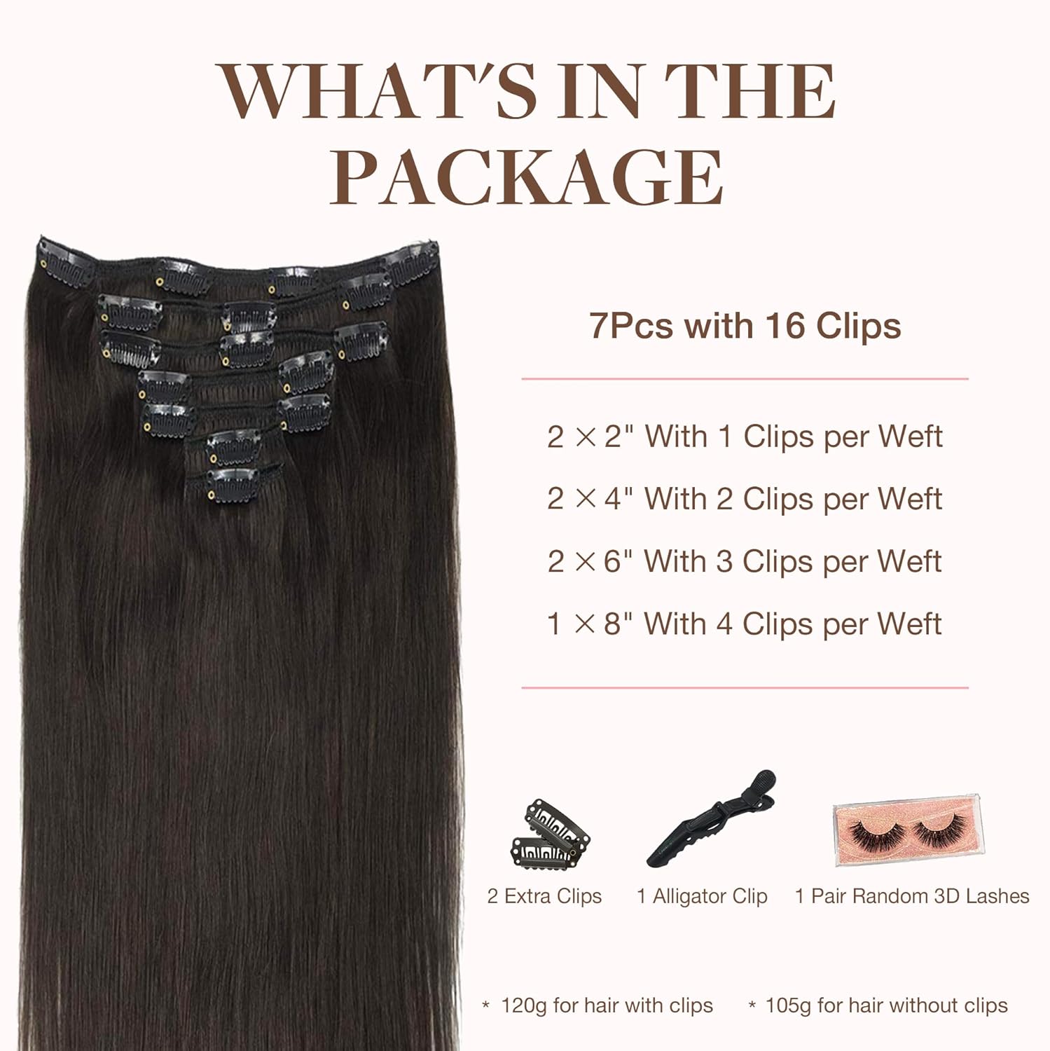 GOO GOO – Extensiones de cabello humano con clip, color castaño oscuro de 16 pulgadas, 7 piezas de 4.23oz, extensiones de cabello humano Remy liso