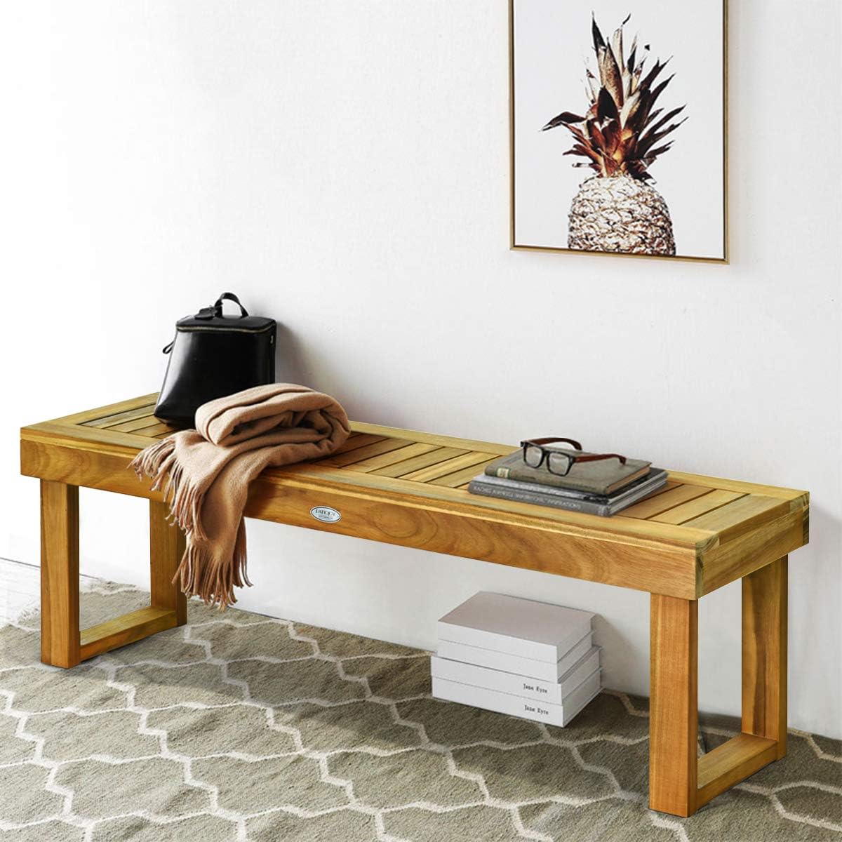 Tangkula Banco de madera de acacia de 52 pulgadas para exteriores, banco de madera para comedor, entrada, jardín junto a la piscina, banco de