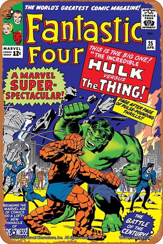 Letrero de metal vintage con texto en inglés “The Fantastic Four Issue 25”, póster de cómic Hulk vs Thing para el hogar, bar, pub, garaje,