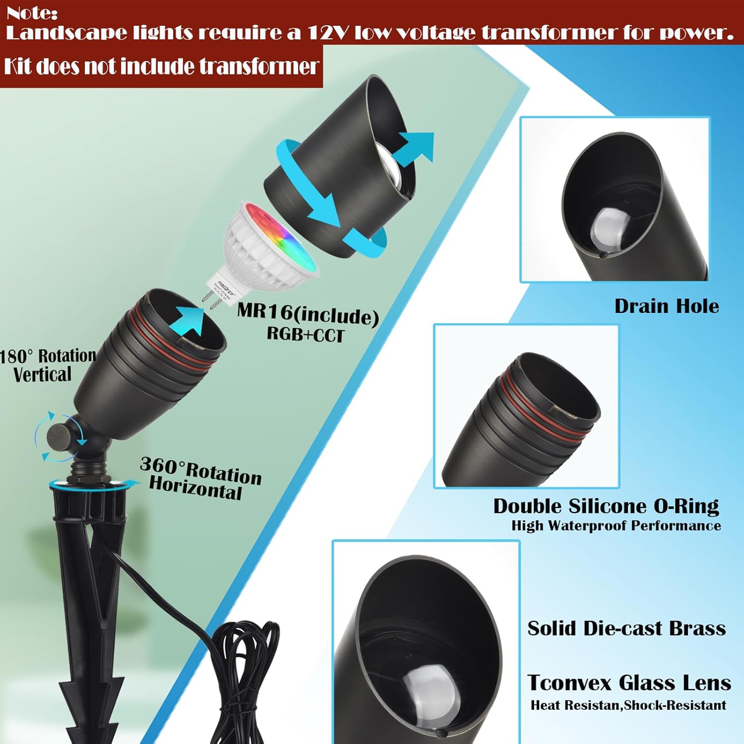 iYogaled Iluminación de paisaje RGB de bajo voltaje, luces de paisaje de latón que cambian de color con 4 bombillas MR16, luces de 12 V al aire