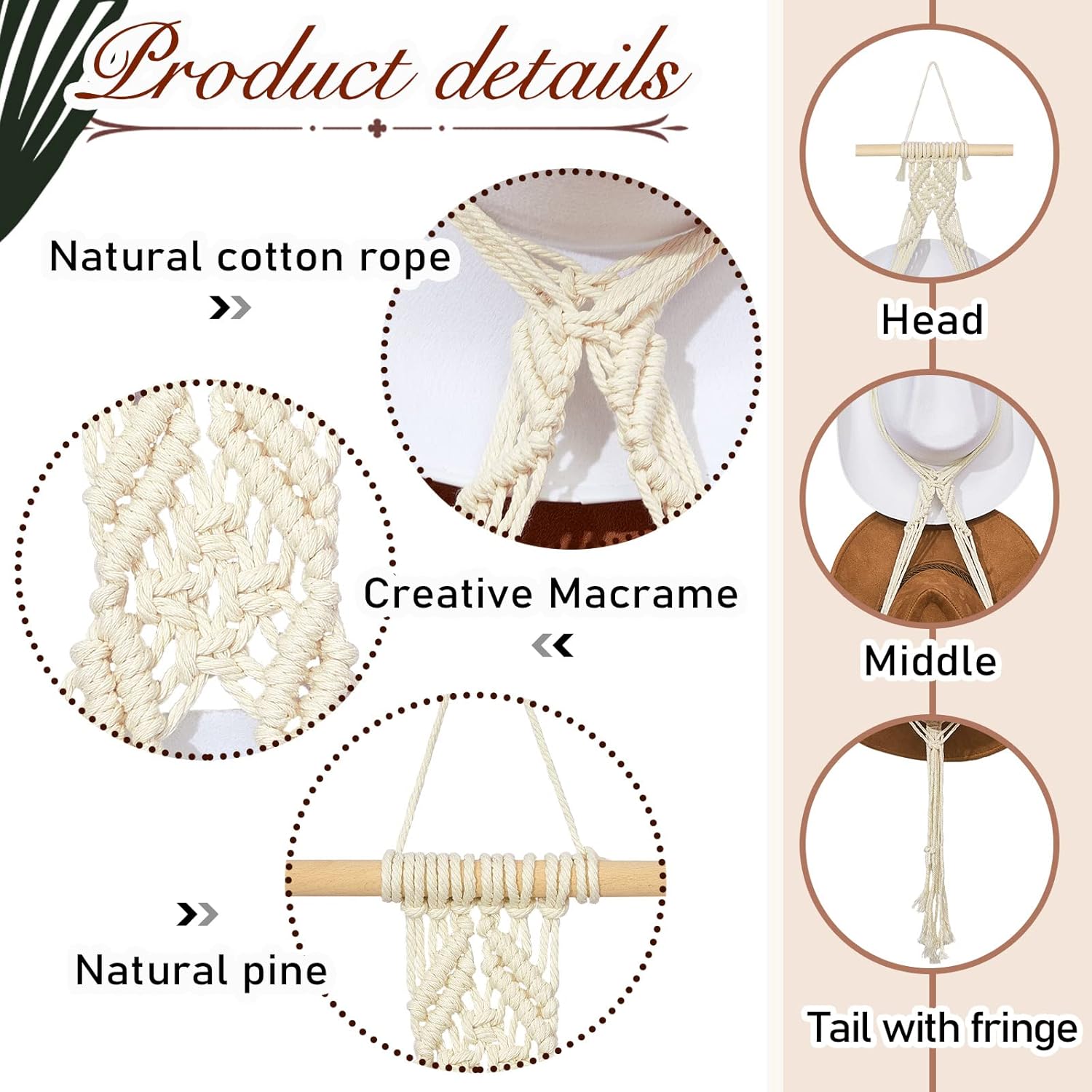 Perchas de macramé para sombreros, estilo bohemio, para colgar sombreros de vaquero, organizador para la parte trasera de la puerta (blanco, estilo