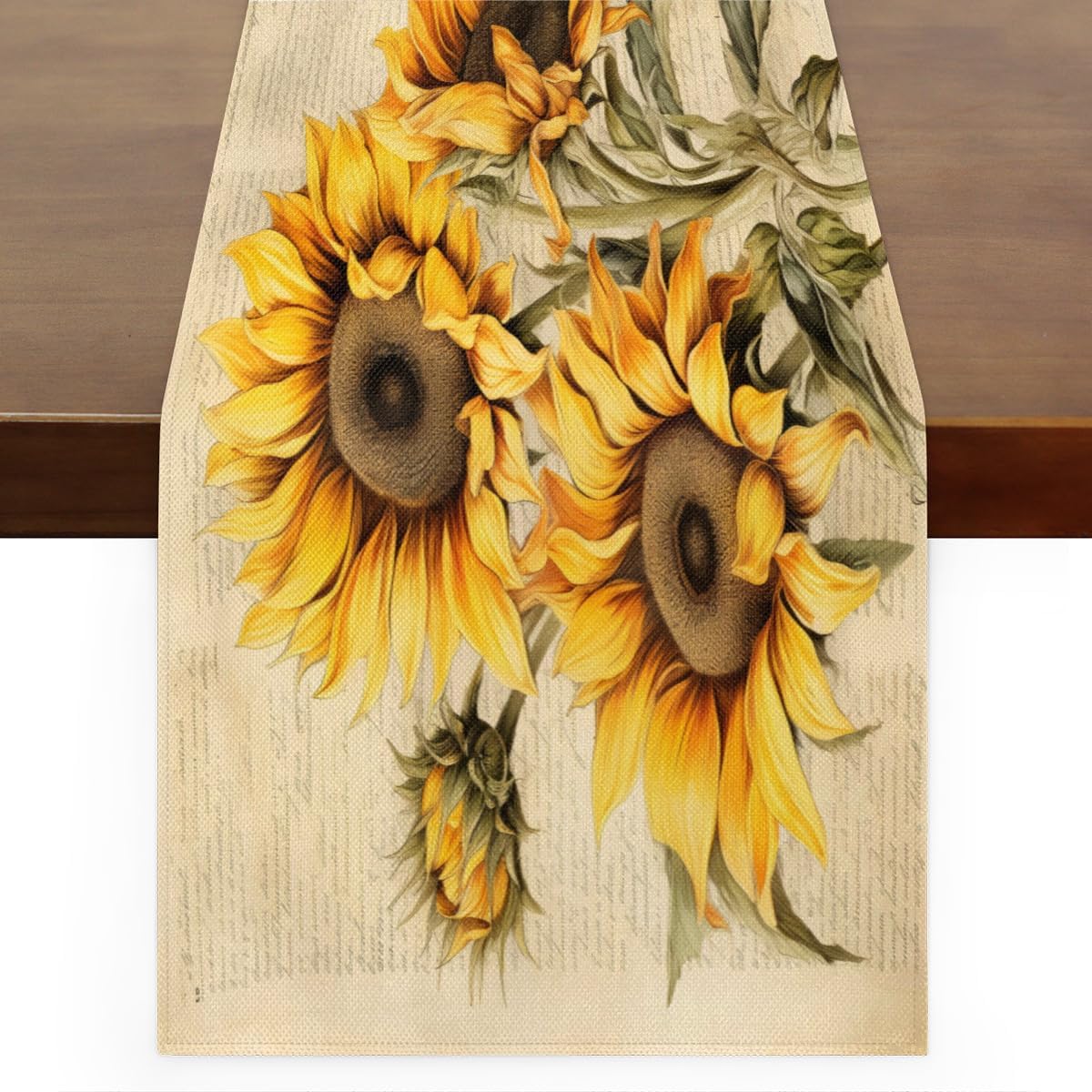 Table Runner Rustic Sun Flowers, Rustic Linen Table Cloth for Farmhouse Kitchen, Dinner, Events, Party, Holiday Table Decor 13 x 36 Inches