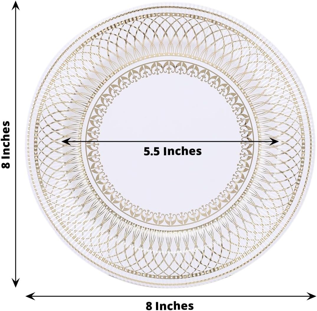 Efavormart – Paquete de 25 platos de papel de postre estilo vintage de porcelana dorada y blanca de 8 pulgadas, platos de fiesta desechables