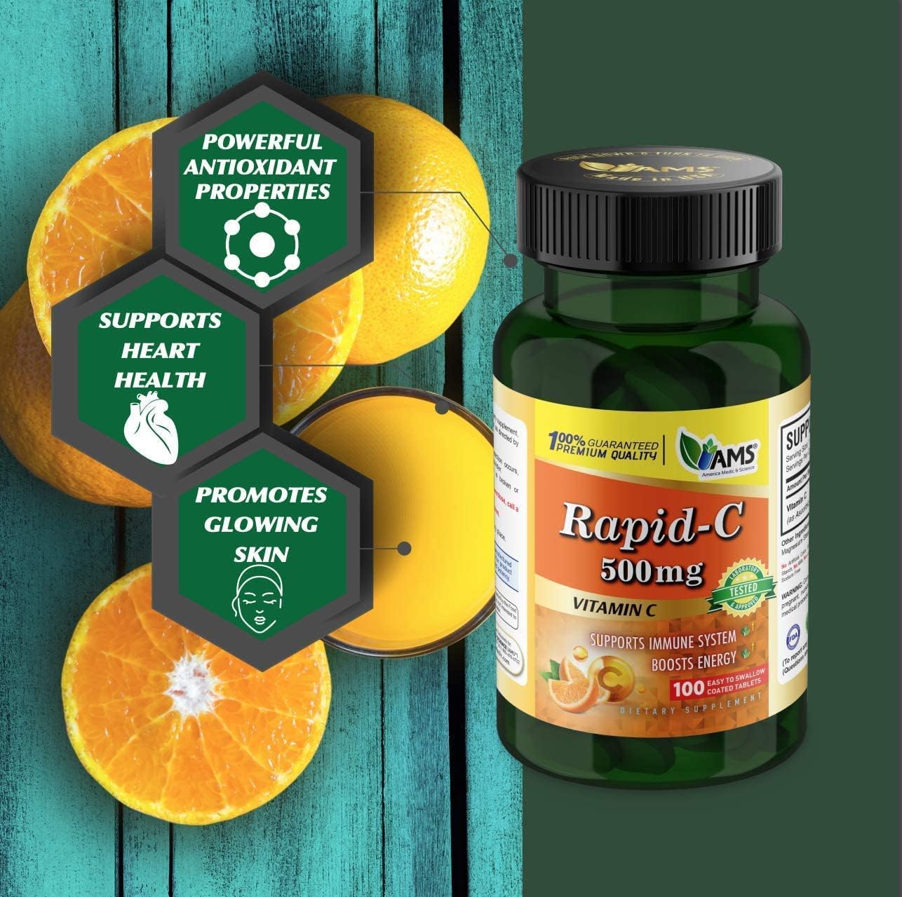 America Medic & Science Rapid-C – Suplemento de vitamina C de 500 mg (paquete de 3 100 tabletas), refuerzo de energía, apoyo diario del sistema