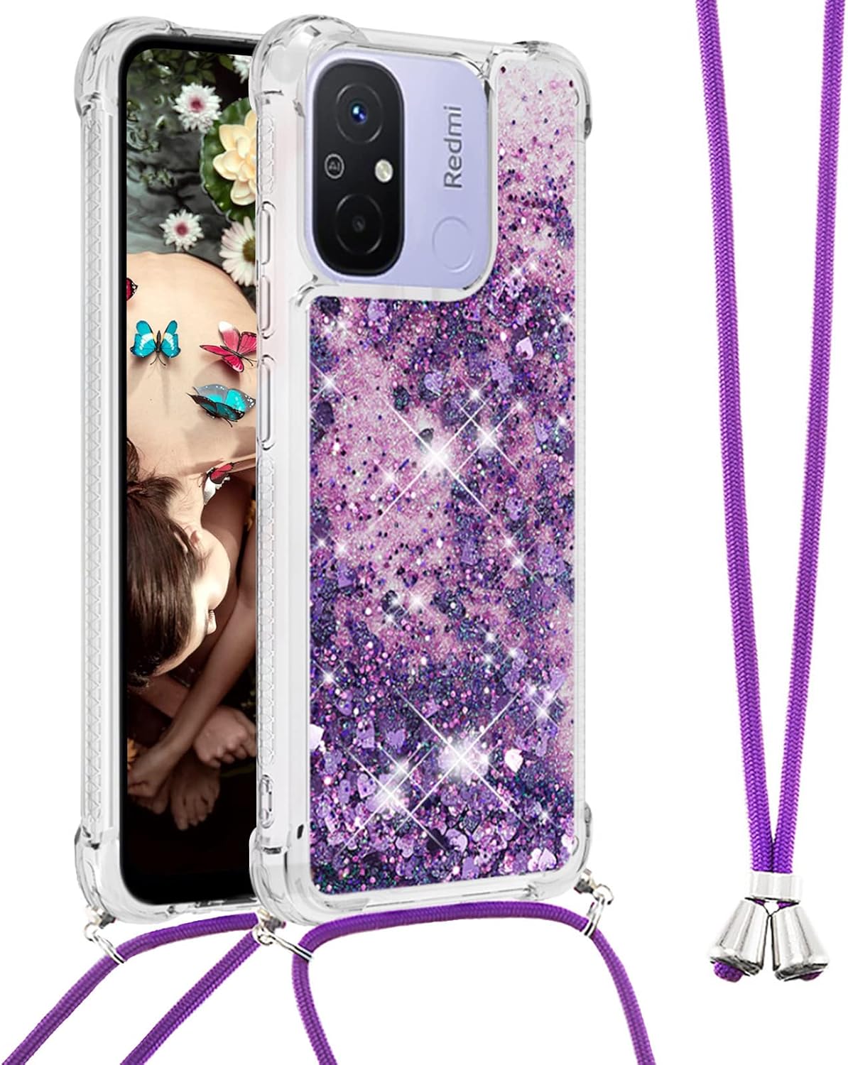 Tncavo Funda para Xiaomi Redmi 12C para mujer, fundas con purpurina holográfica líquida en movimiento con correa cruzada delgada y suave TPU