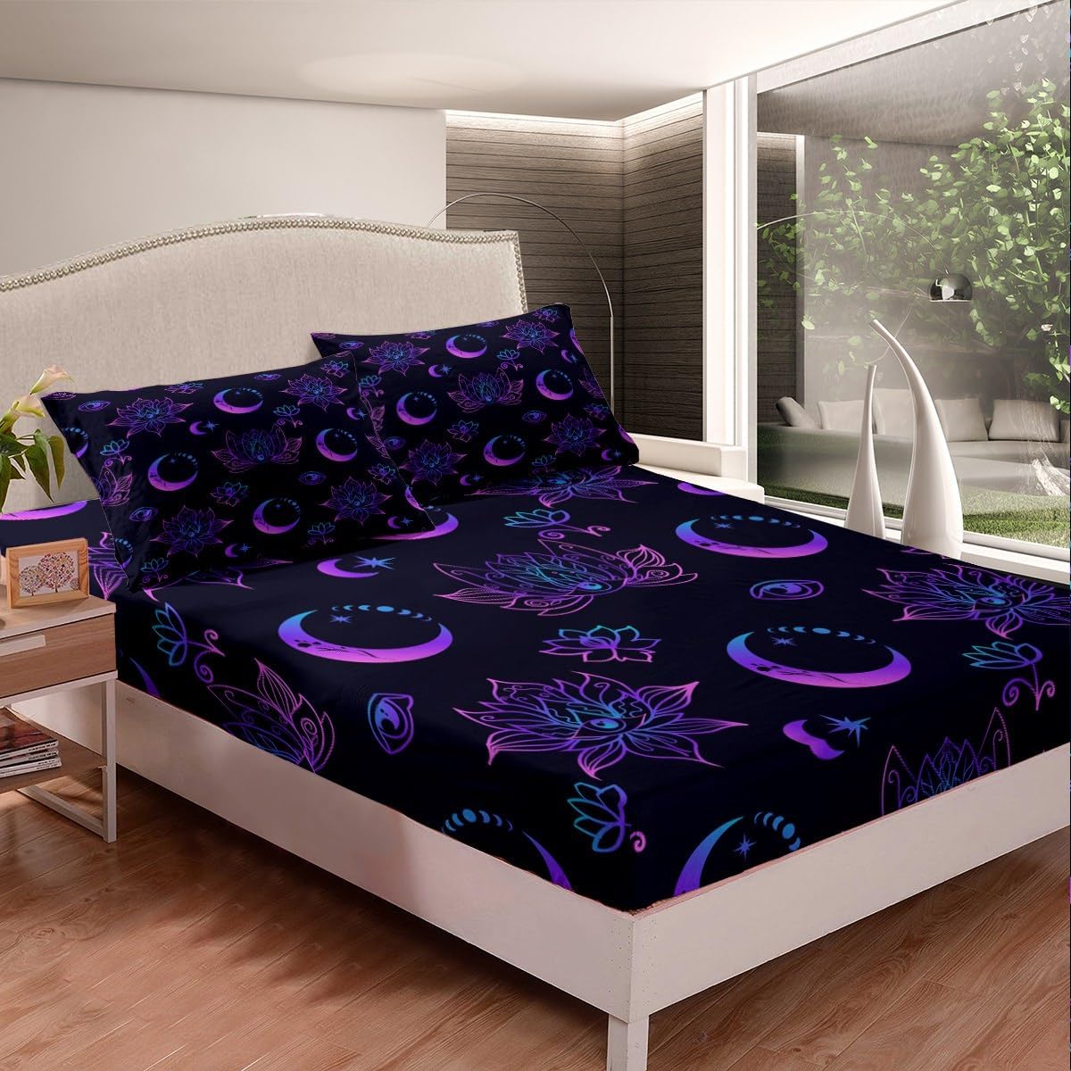 Erosebridal Hippie Lotus – Juego de sábanas de cama de fase lunar, juego de cama ajustable con estampado de ojos bohemios, color rosa y morado, ropa