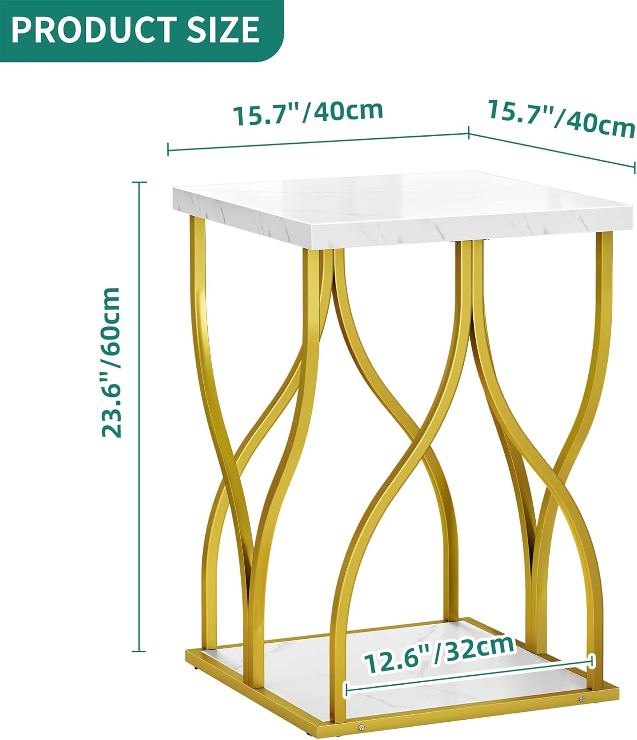 YITAHOME Mesa auxiliar para sala de estar, moderna mesa auxiliar de mármol dorado con estante de almacenamiento de 2 niveles, mesa de centro