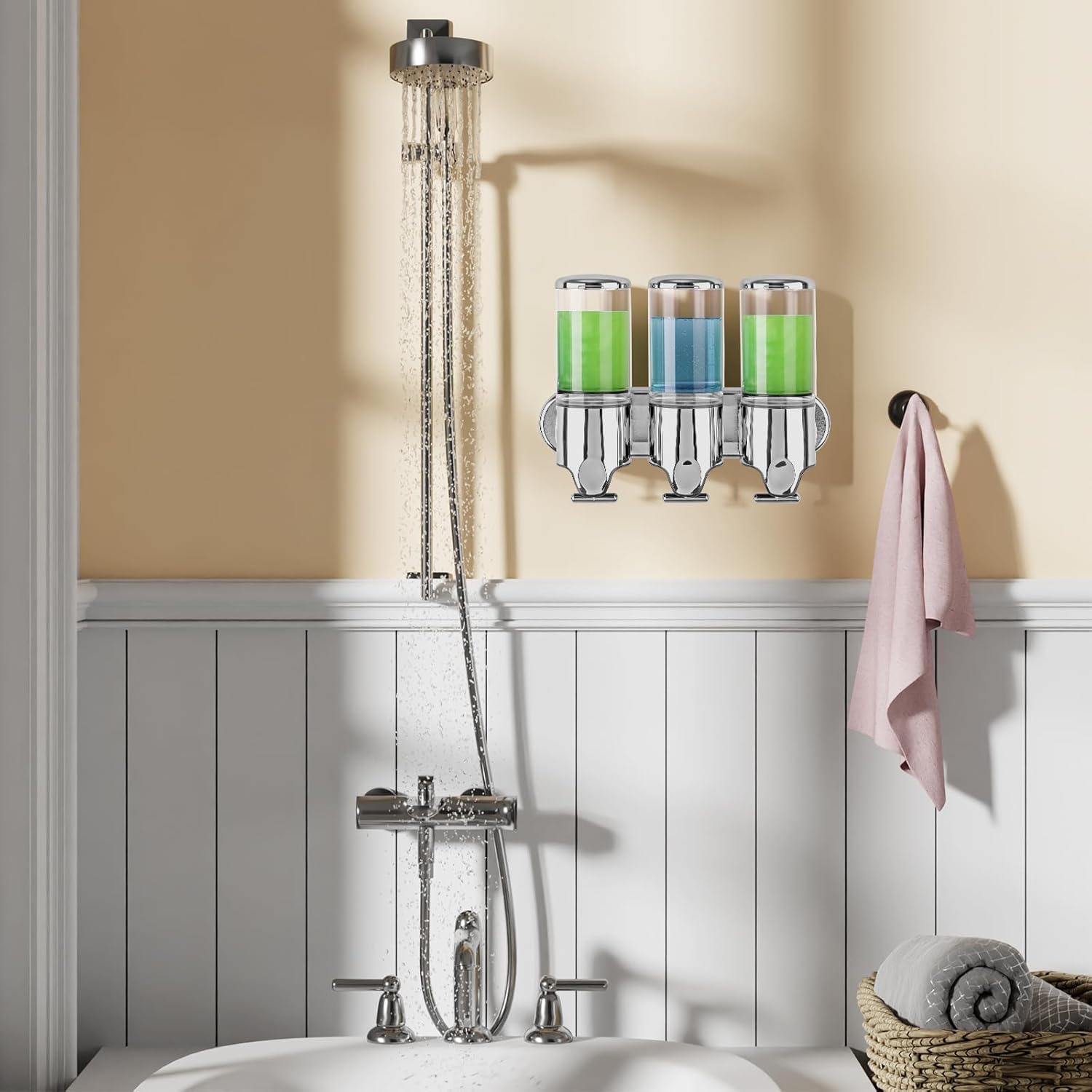 Dispensador de jabón de ducha de baño de cámara 3 en 1, dispensador de champú y acondicionador montado en la pared con etiqueta impermeable,