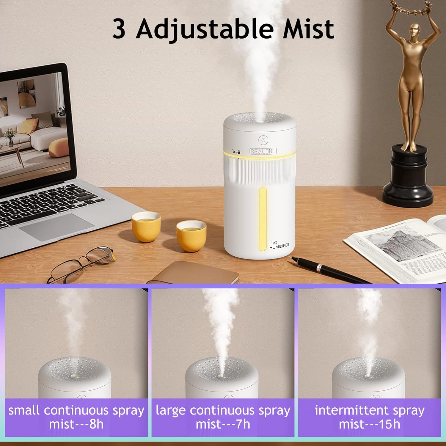 Humidificadores pequeños para dormitorio, mini humidificador de niebla fría de 13.5 fl oz, humidificadores portátiles de escritorio personal blanco
