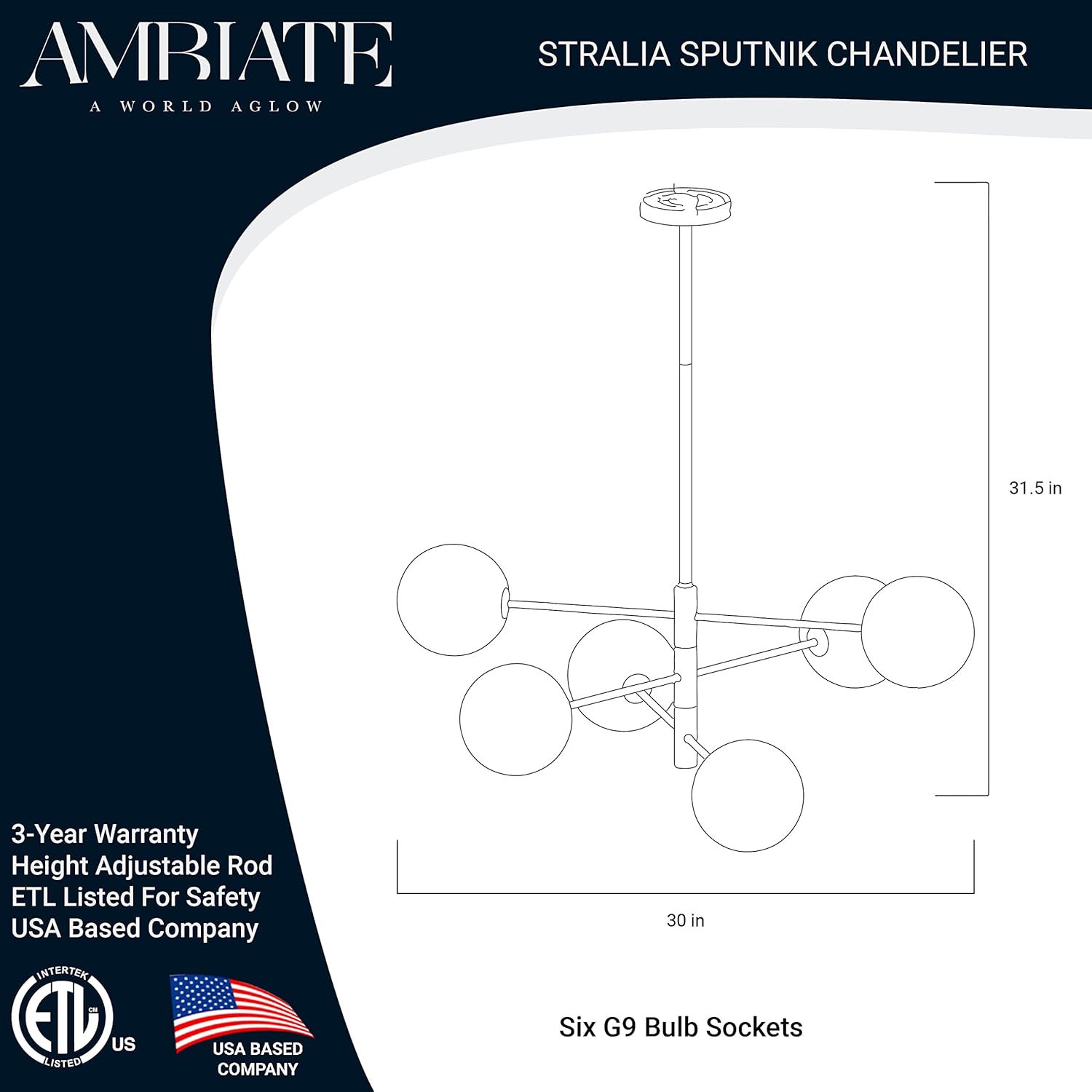 Stralia Lámpara de araña, acabado negro, pantallas de globo de vidrio ahumado, diseño Sputnik, altura ajustable, seis enchufes G9 (15 W máximo),